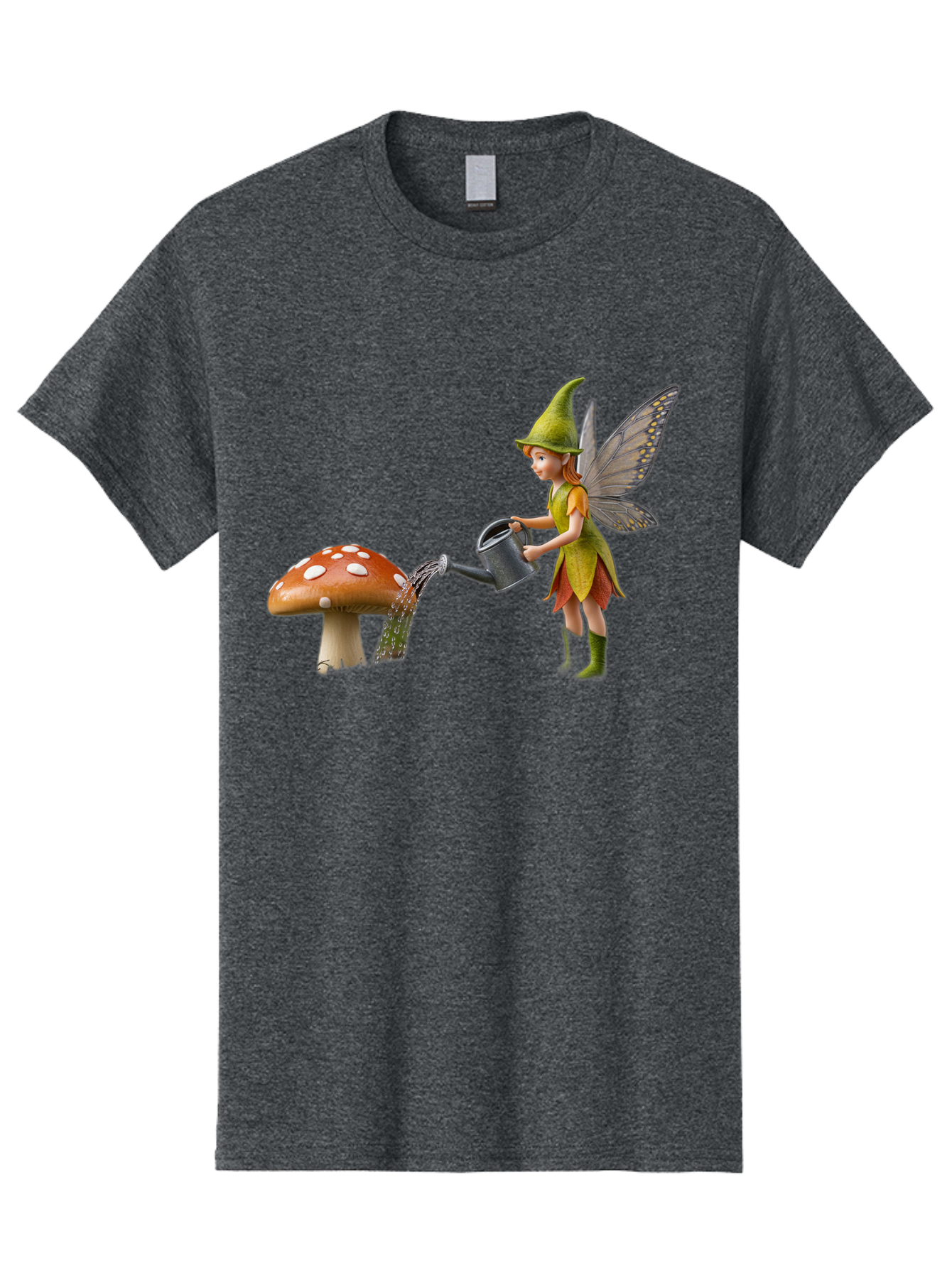 Fairy-Watering-Mushroom Men'S Graphic Tee, 100% Cotton, Comfortable Casual Summer Wear, Machine Washable, Fairy Watering Mushroom, Whimsical Scene, Fantastical Creature, Green Hat, Yellow Dress, Watering Can, Red Mushroom, White Spots, Baa654