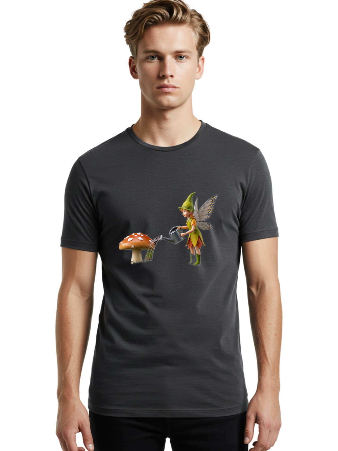 Fairy-Watering-Mushroom Men'S Graphic Tee, 100% Cotton, Comfortable Casual Summer Wear, Machine Washable, Fairy Watering Mushroom, Whimsical Scene, Fantastical Creature, Green Hat, Yellow Dress, Watering Can, Red Mushroom, White Spots, Baa654