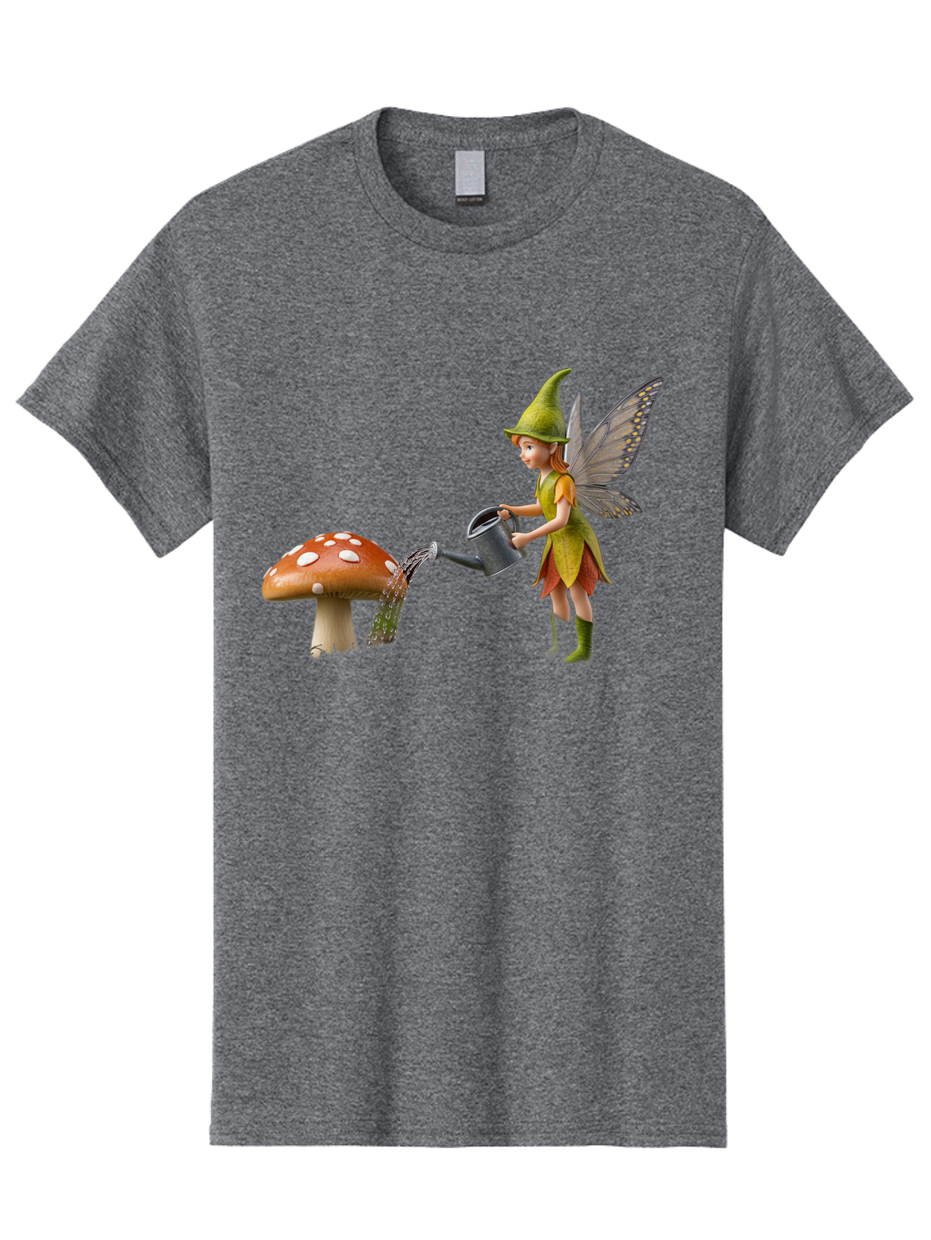 Fairy-Watering-Mushroom Men'S Graphic Tee, 100% Cotton, Comfortable Casual Summer Wear, Machine Washable, Fairy Watering Mushroom, Whimsical Scene, Fantastical Creature, Green Hat, Yellow Dress, Watering Can, Red Mushroom, White Spots, Baa654