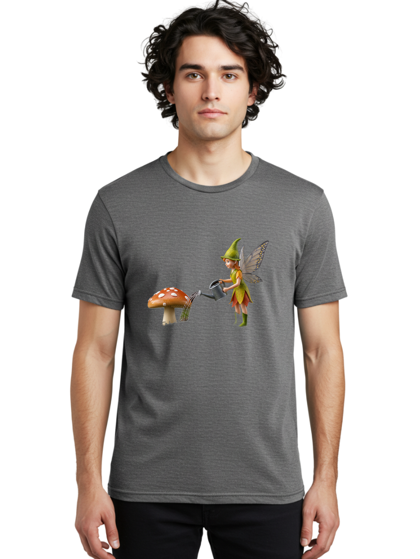 Fairy-Watering-Mushroom Men'S Graphic Tee, 100% Cotton, Comfortable Casual Summer Wear, Machine Washable, Fairy Watering Mushroom, Whimsical Scene, Fantastical Creature, Green Hat, Yellow Dress, Watering Can, Red Mushroom, White Spots, Baa654