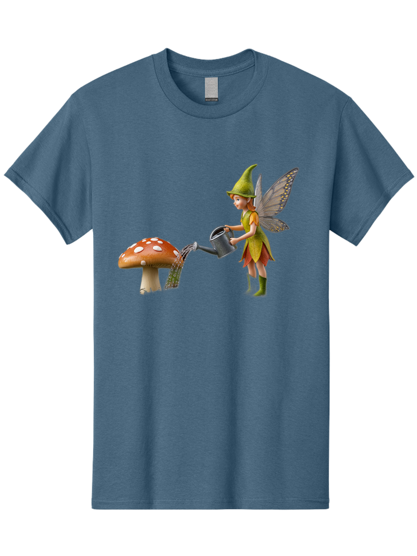 Fairy-Watering-Mushroom Men'S Graphic Tee, 100% Cotton, Comfortable Casual Summer Wear, Machine Washable, Fairy Watering Mushroom, Whimsical Scene, Fantastical Creature, Green Hat, Yellow Dress, Watering Can, Red Mushroom, White Spots, Baa654