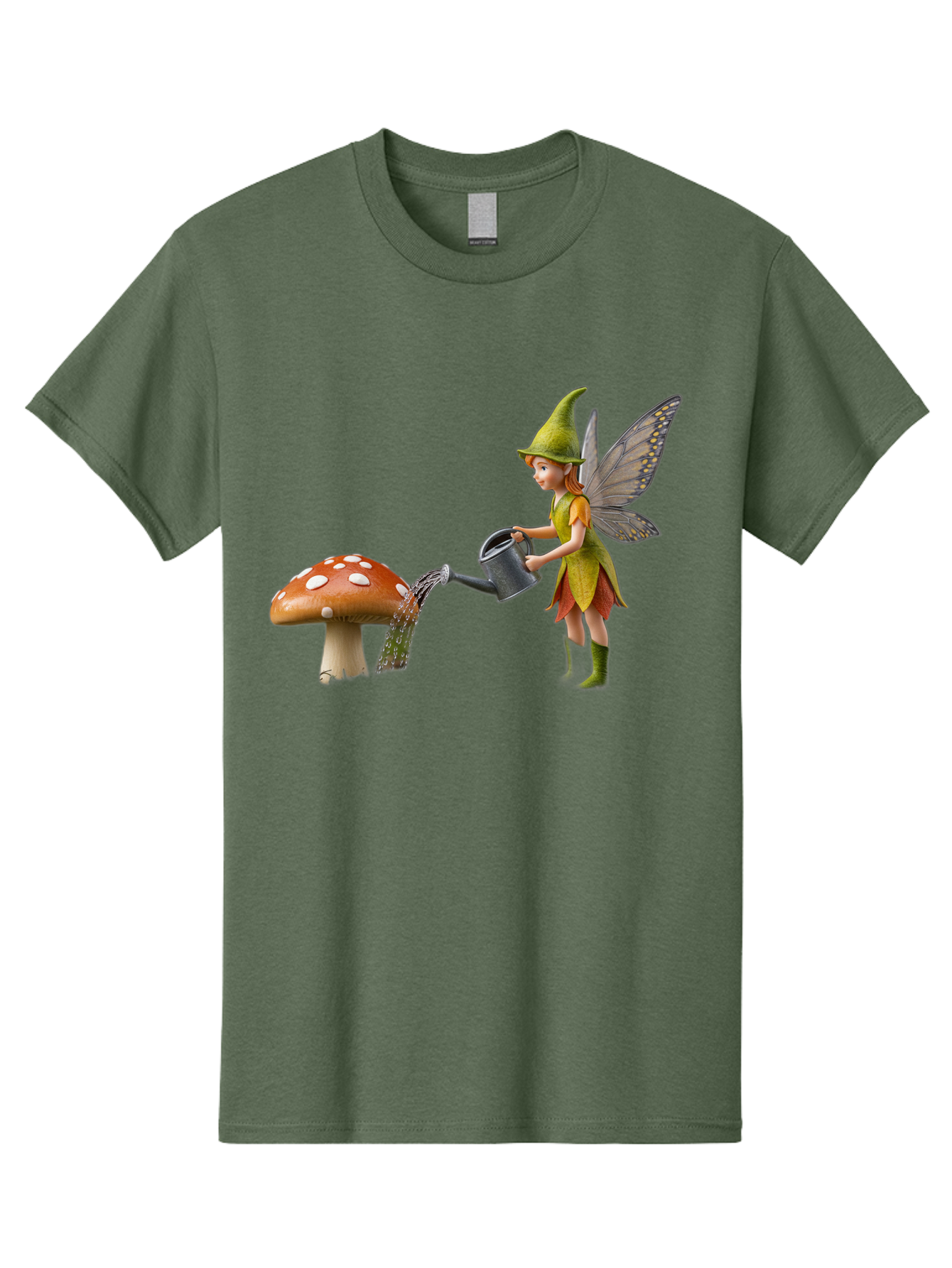Fairy-Watering-Mushroom Men'S Graphic Tee, 100% Cotton, Comfortable Casual Summer Wear, Machine Washable, Fairy Watering Mushroom, Whimsical Scene, Fantastical Creature, Green Hat, Yellow Dress, Watering Can, Red Mushroom, White Spots, Baa654