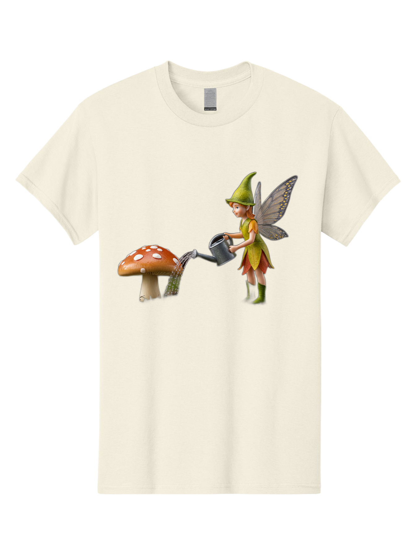 Fairy-Watering-Mushroom Men'S Graphic Tee, 100% Cotton, Comfortable Casual Summer Wear, Machine Washable, Fairy Watering Mushroom, Whimsical Scene, Fantastical Creature, Green Hat, Yellow Dress, Watering Can, Red Mushroom, White Spots, Baa654
