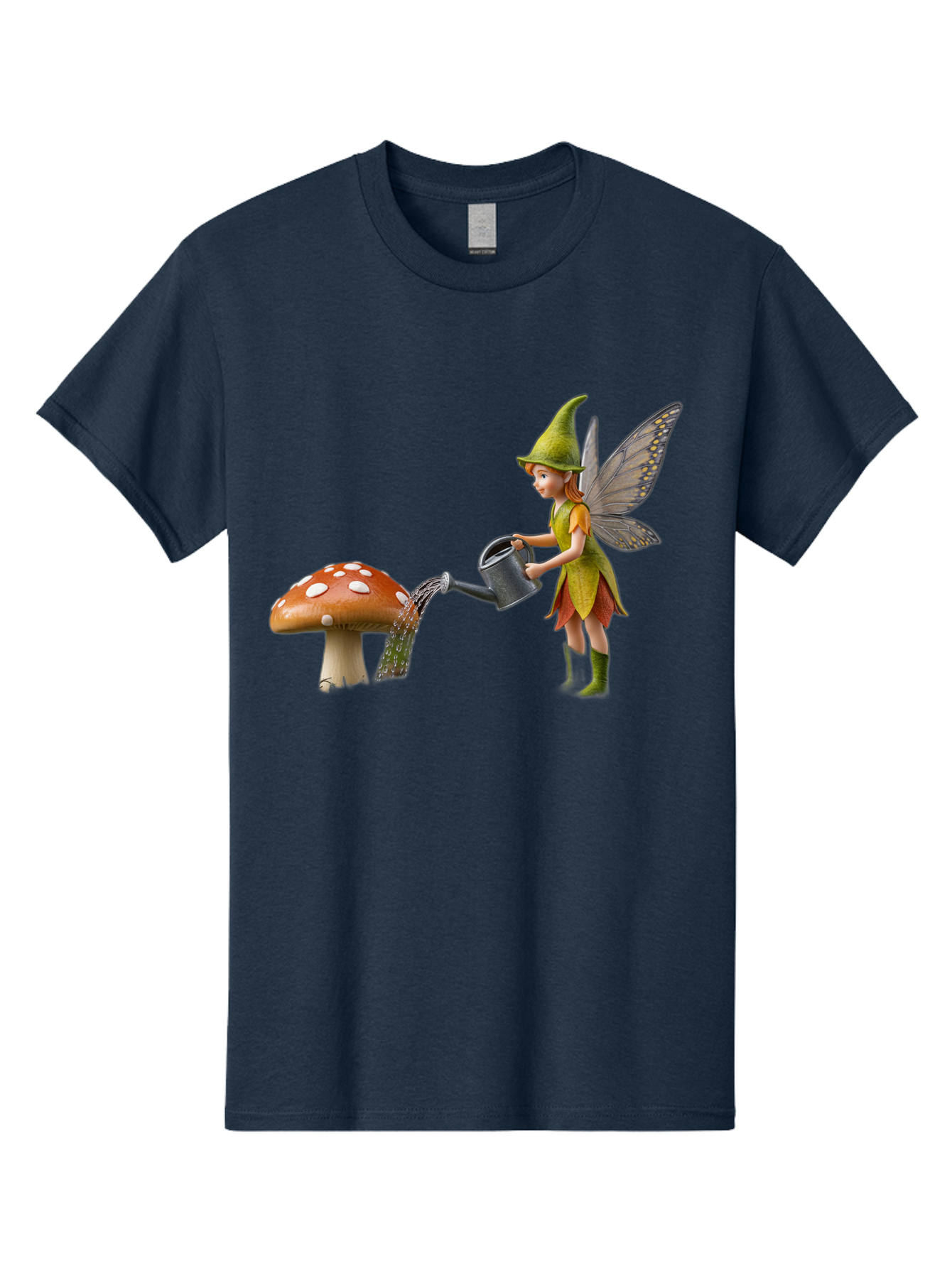 Fairy-Watering-Mushroom Men'S Graphic Tee, 100% Cotton, Comfortable Casual Summer Wear, Machine Washable, Fairy Watering Mushroom, Whimsical Scene, Fantastical Creature, Green Hat, Yellow Dress, Watering Can, Red Mushroom, White Spots, Baa654