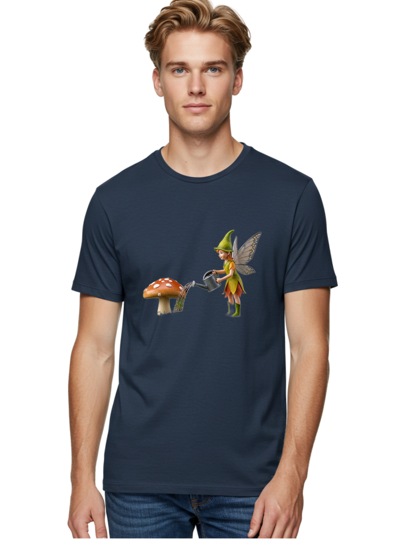 Fairy-Watering-Mushroom Men'S Graphic Tee, 100% Cotton, Comfortable Casual Summer Wear, Machine Washable, Fairy Watering Mushroom, Whimsical Scene, Fantastical Creature, Green Hat, Yellow Dress, Watering Can, Red Mushroom, White Spots, Baa654