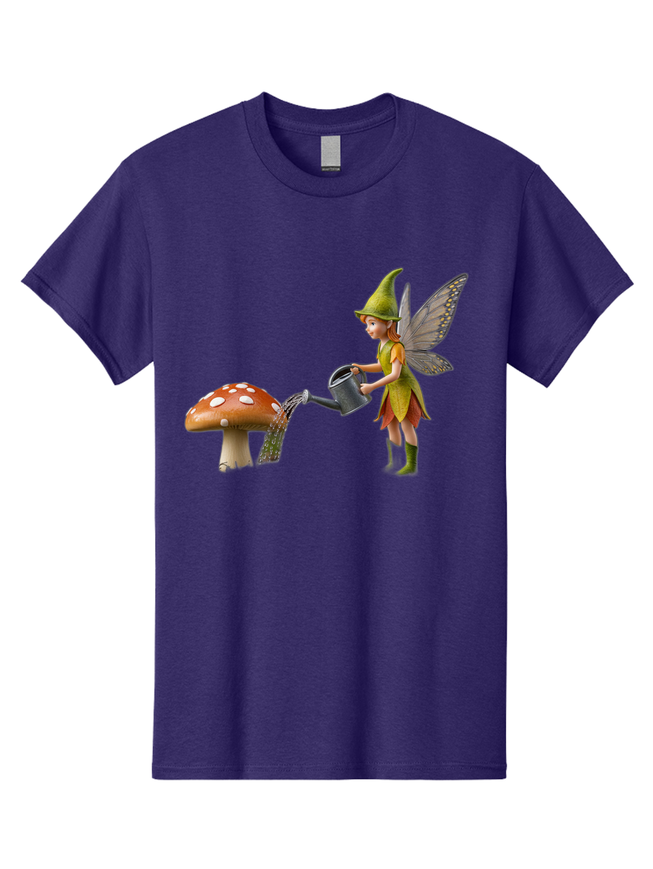 Fairy-Watering-Mushroom Men'S Graphic Tee, 100% Cotton, Comfortable Casual Summer Wear, Machine Washable, Fairy Watering Mushroom, Whimsical Scene, Fantastical Creature, Green Hat, Yellow Dress, Watering Can, Red Mushroom, White Spots, Baa654