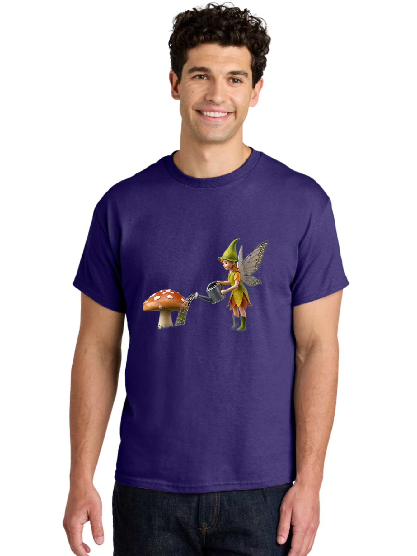 Fairy-Watering-Mushroom Men'S Graphic Tee, 100% Cotton, Comfortable Casual Summer Wear, Machine Washable, Fairy Watering Mushroom, Whimsical Scene, Fantastical Creature, Green Hat, Yellow Dress, Watering Can, Red Mushroom, White Spots, Baa654