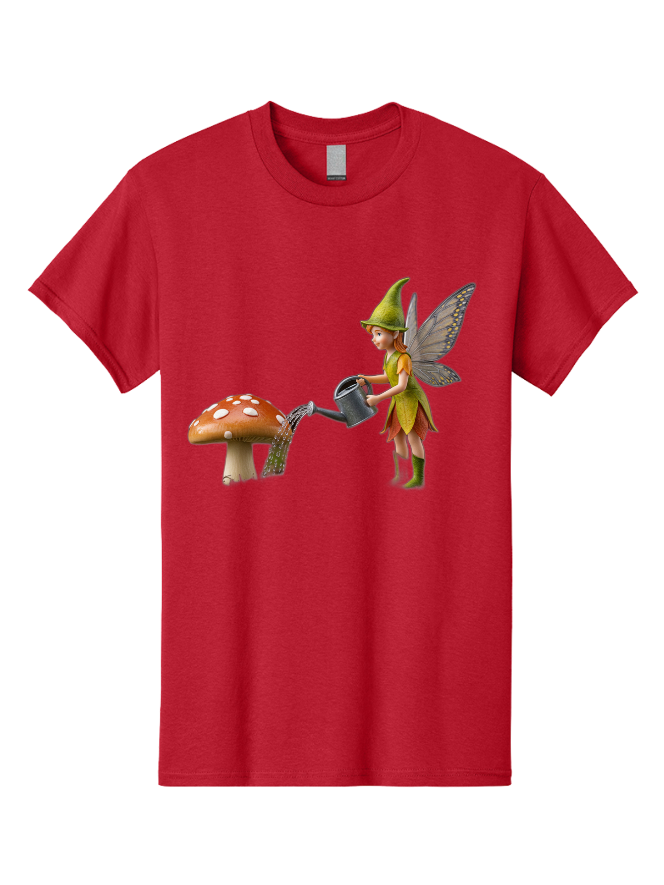 Fairy-Watering-Mushroom Men'S Graphic Tee, 100% Cotton, Comfortable Casual Summer Wear, Machine Washable, Fairy Watering Mushroom, Whimsical Scene, Fantastical Creature, Green Hat, Yellow Dress, Watering Can, Red Mushroom, White Spots, Baa654
