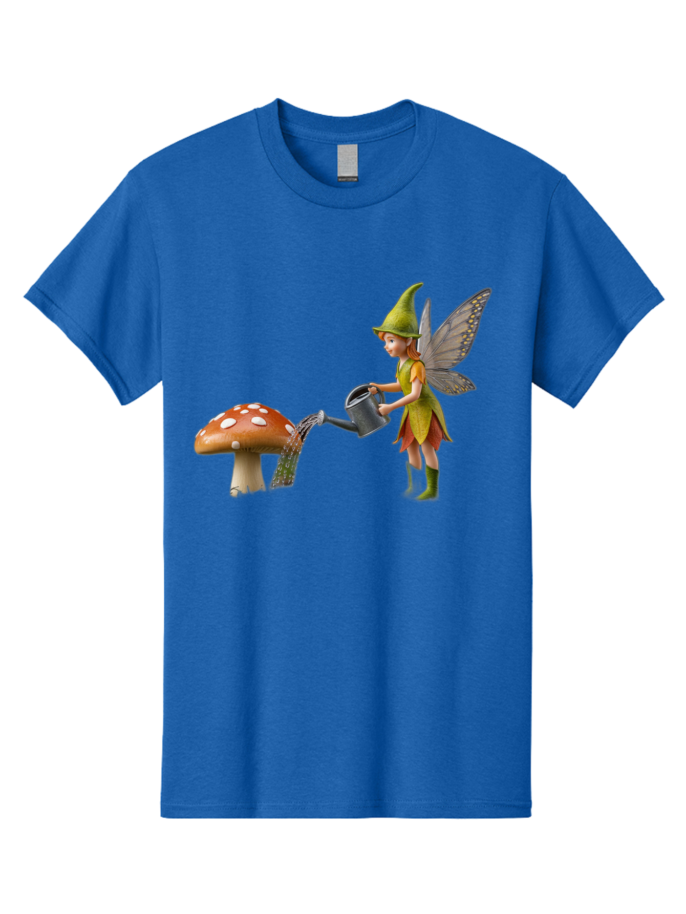 Fairy-Watering-Mushroom Men'S Graphic Tee, 100% Cotton, Comfortable Casual Summer Wear, Machine Washable, Fairy Watering Mushroom, Whimsical Scene, Fantastical Creature, Green Hat, Yellow Dress, Watering Can, Red Mushroom, White Spots, Baa654