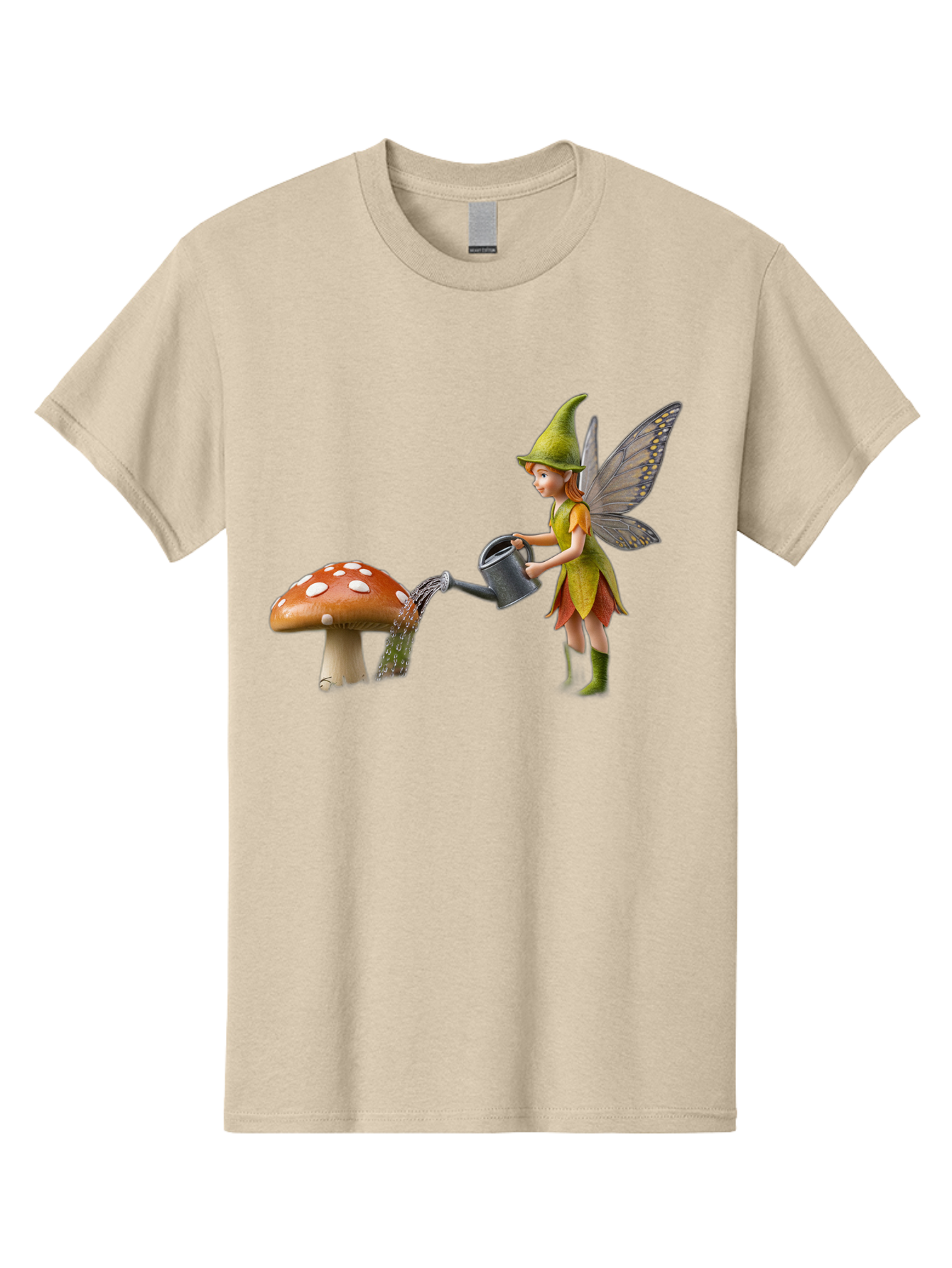 Fairy-Watering-Mushroom Men'S Graphic Tee, 100% Cotton, Comfortable Casual Summer Wear, Machine Washable, Fairy Watering Mushroom, Whimsical Scene, Fantastical Creature, Green Hat, Yellow Dress, Watering Can, Red Mushroom, White Spots, Baa654