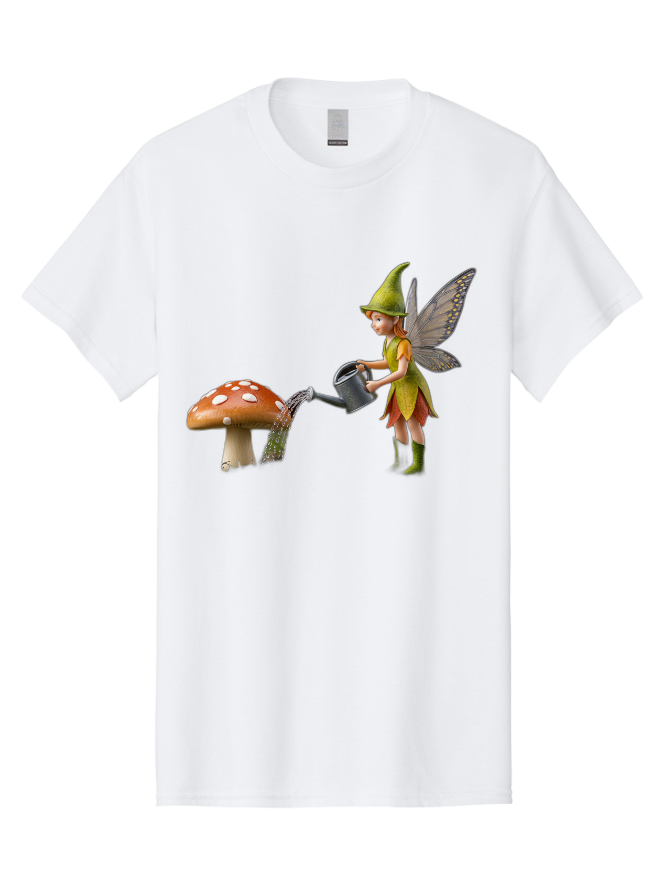 Fairy-Watering-Mushroom Men'S Graphic Tee, 100% Cotton, Comfortable Casual Summer Wear, Machine Washable, Fairy Watering Mushroom, Whimsical Scene, Fantastical Creature, Green Hat, Yellow Dress, Watering Can, Red Mushroom, White Spots, Baa654