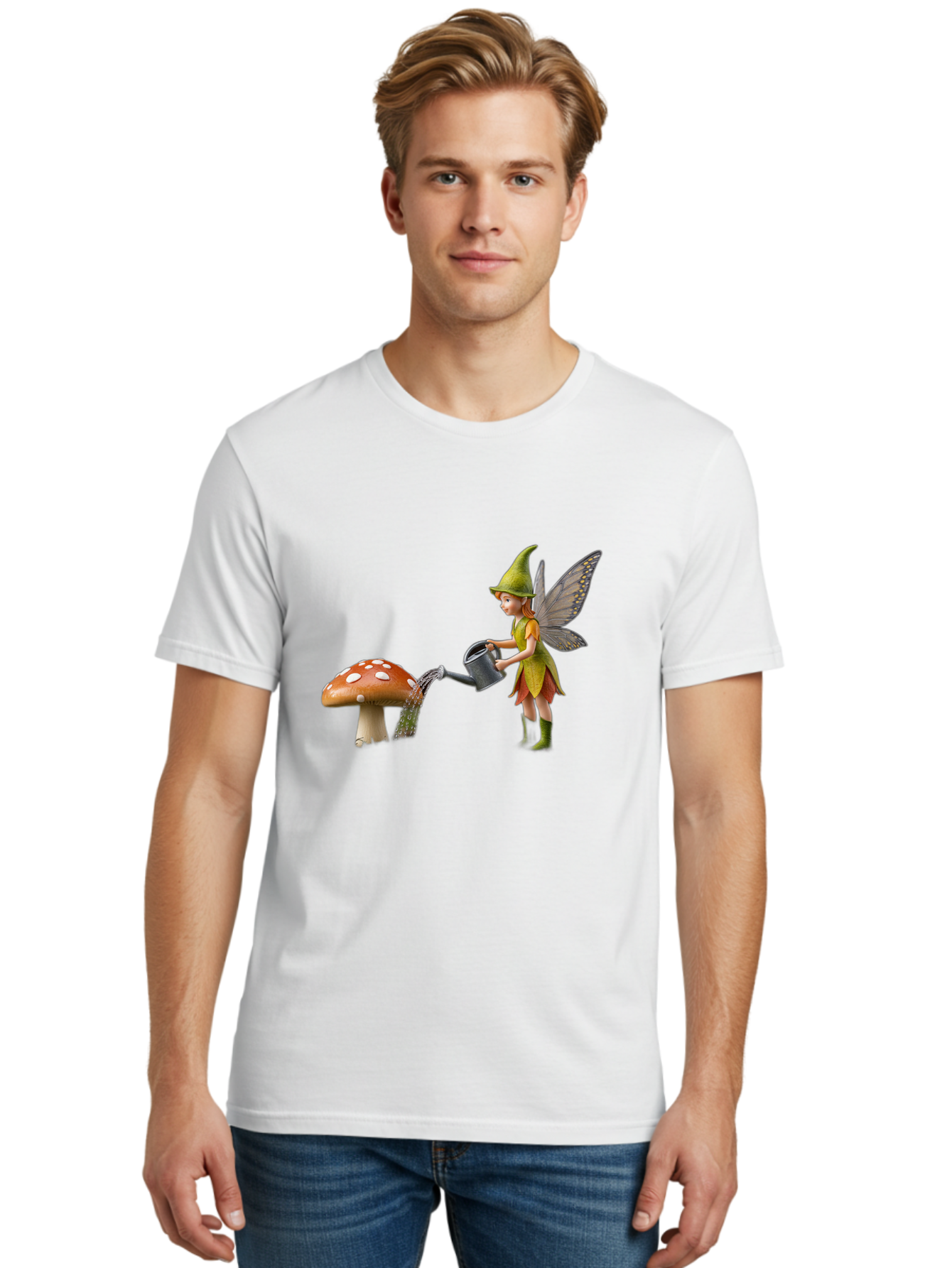 Fairy-Watering-Mushroom Men'S Graphic Tee, 100% Cotton, Comfortable Casual Summer Wear, Machine Washable, Fairy Watering Mushroom, Whimsical Scene, Fantastical Creature, Green Hat, Yellow Dress, Watering Can, Red Mushroom, White Spots, Baa654