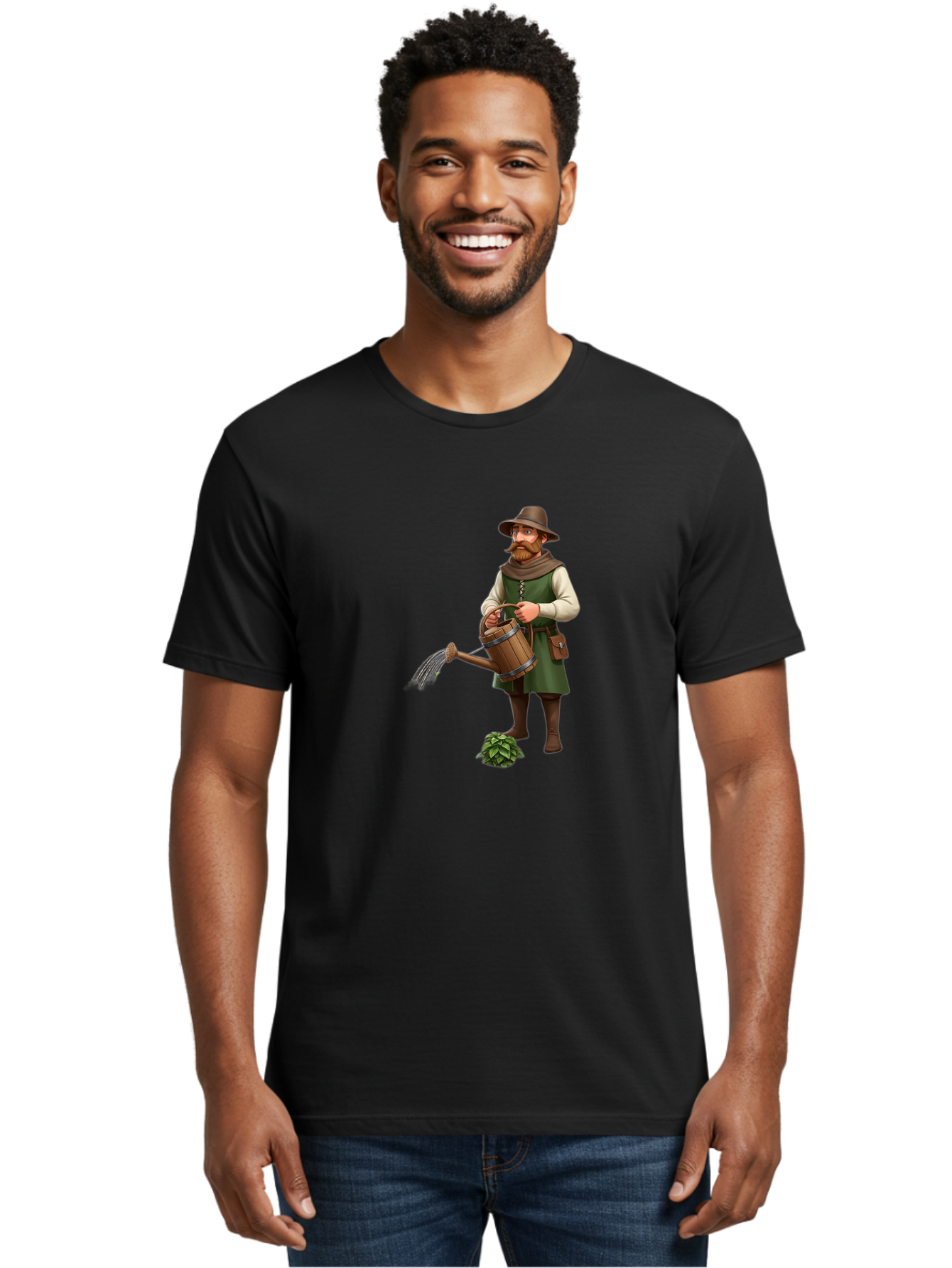 Farmer-Hops Men'S Graphic Tee, 100% Cotton, Comfortable Casual Summer Wear, Machine Washable, Cartoon Farmer, Gardening Tools, Watering Can, Rustic Clothing, Hat, Beard, Hop Plant, Agricultural Work, Manual Labor, Traditional Farming Baa655