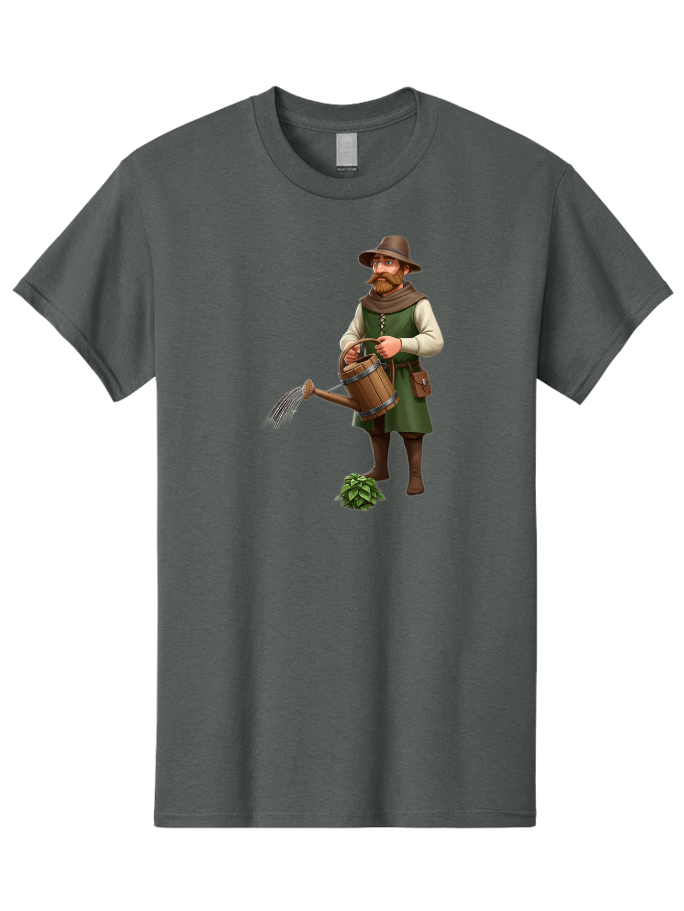 Farmer-Hops Men'S Graphic Tee, 100% Cotton, Comfortable Casual Summer Wear, Machine Washable, Cartoon Farmer, Gardening Tools, Watering Can, Rustic Clothing, Hat, Beard, Hop Plant, Agricultural Work, Manual Labor, Traditional Farming Baa655