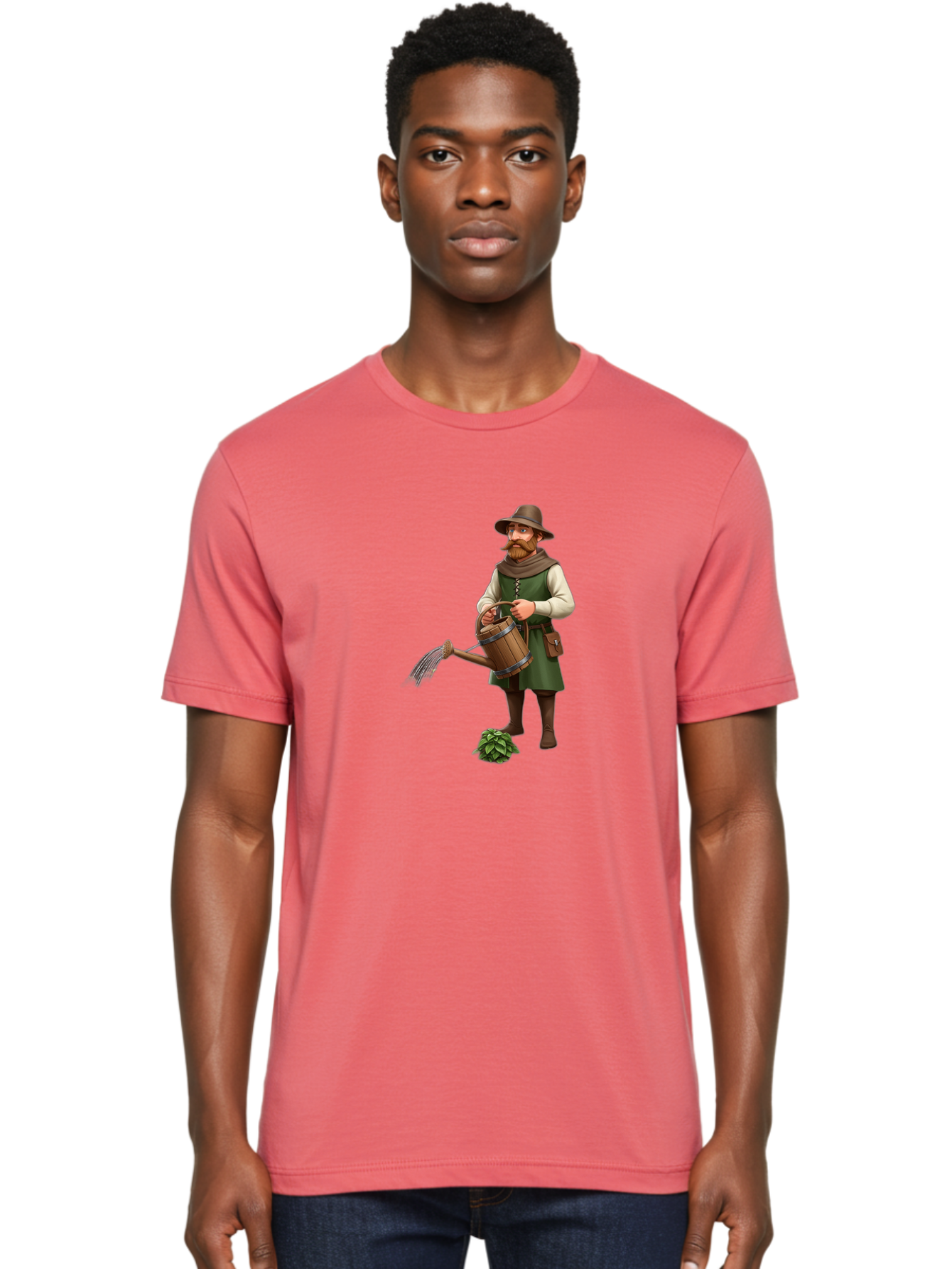 Farmer-Hops Men'S Graphic Tee, 100% Cotton, Comfortable Casual Summer Wear, Machine Washable, Cartoon Farmer, Gardening Tools, Watering Can, Rustic Clothing, Hat, Beard, Hop Plant, Agricultural Work, Manual Labor, Traditional Farming Baa655