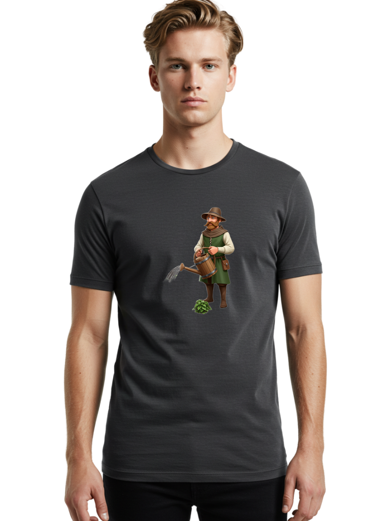 Farmer-Hops Men'S Graphic Tee, 100% Cotton, Comfortable Casual Summer Wear, Machine Washable, Cartoon Farmer, Gardening Tools, Watering Can, Rustic Clothing, Hat, Beard, Hop Plant, Agricultural Work, Manual Labor, Traditional Farming Baa655