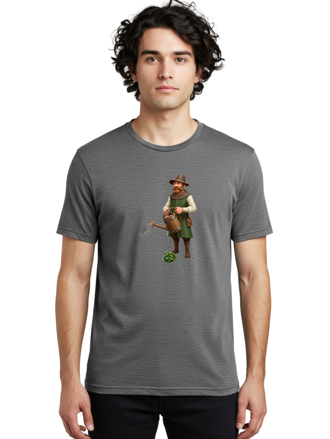 Farmer-Hops Men'S Graphic Tee, 100% Cotton, Comfortable Casual Summer Wear, Machine Washable, Cartoon Farmer, Gardening Tools, Watering Can, Rustic Clothing, Hat, Beard, Hop Plant, Agricultural Work, Manual Labor, Traditional Farming Baa655