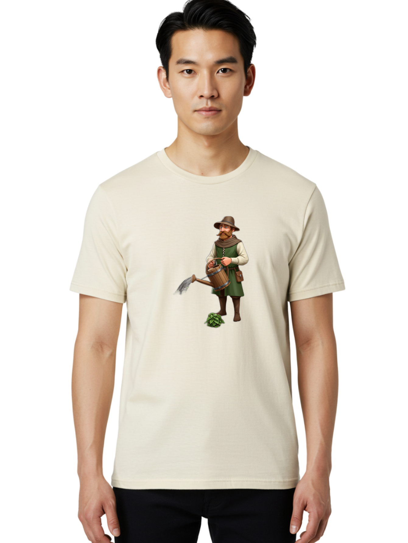 Farmer-Hops Men'S Graphic Tee, 100% Cotton, Comfortable Casual Summer Wear, Machine Washable, Cartoon Farmer, Gardening Tools, Watering Can, Rustic Clothing, Hat, Beard, Hop Plant, Agricultural Work, Manual Labor, Traditional Farming Baa655