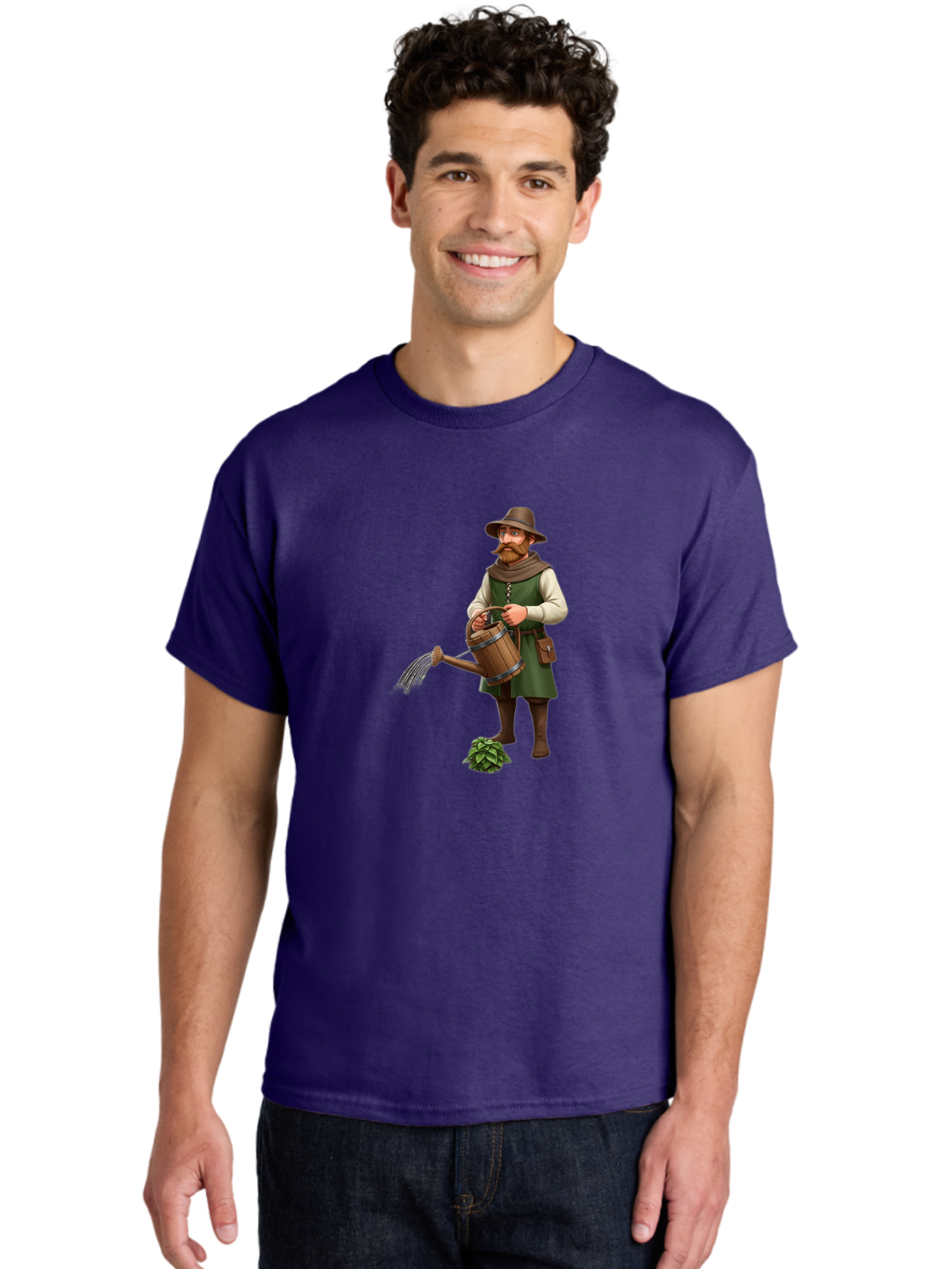 Farmer-Hops Men'S Graphic Tee, 100% Cotton, Comfortable Casual Summer Wear, Machine Washable, Cartoon Farmer, Gardening Tools, Watering Can, Rustic Clothing, Hat, Beard, Hop Plant, Agricultural Work, Manual Labor, Traditional Farming Baa655