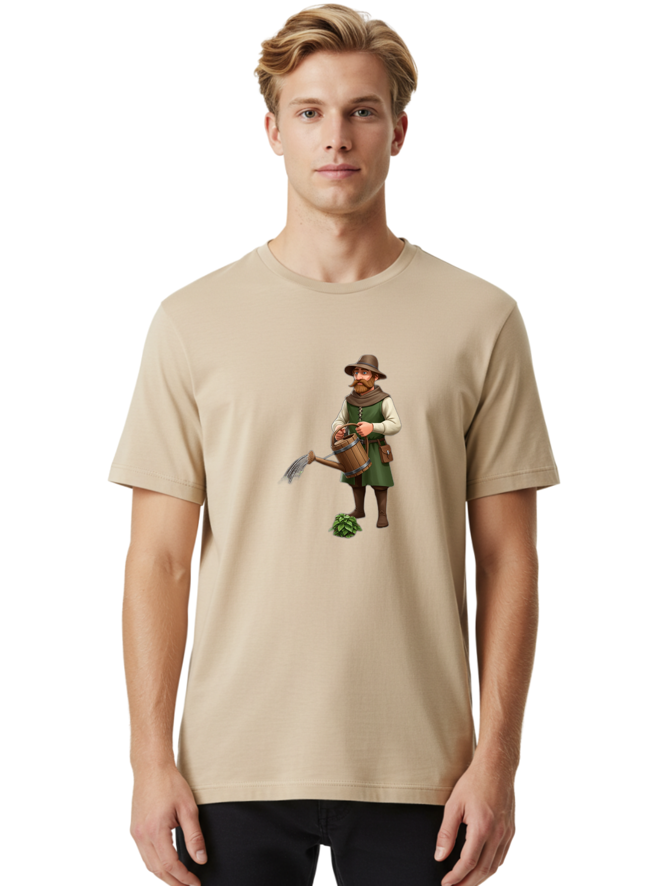 Farmer-Hops Men'S Graphic Tee, 100% Cotton, Comfortable Casual Summer Wear, Machine Washable, Cartoon Farmer, Gardening Tools, Watering Can, Rustic Clothing, Hat, Beard, Hop Plant, Agricultural Work, Manual Labor, Traditional Farming Baa655