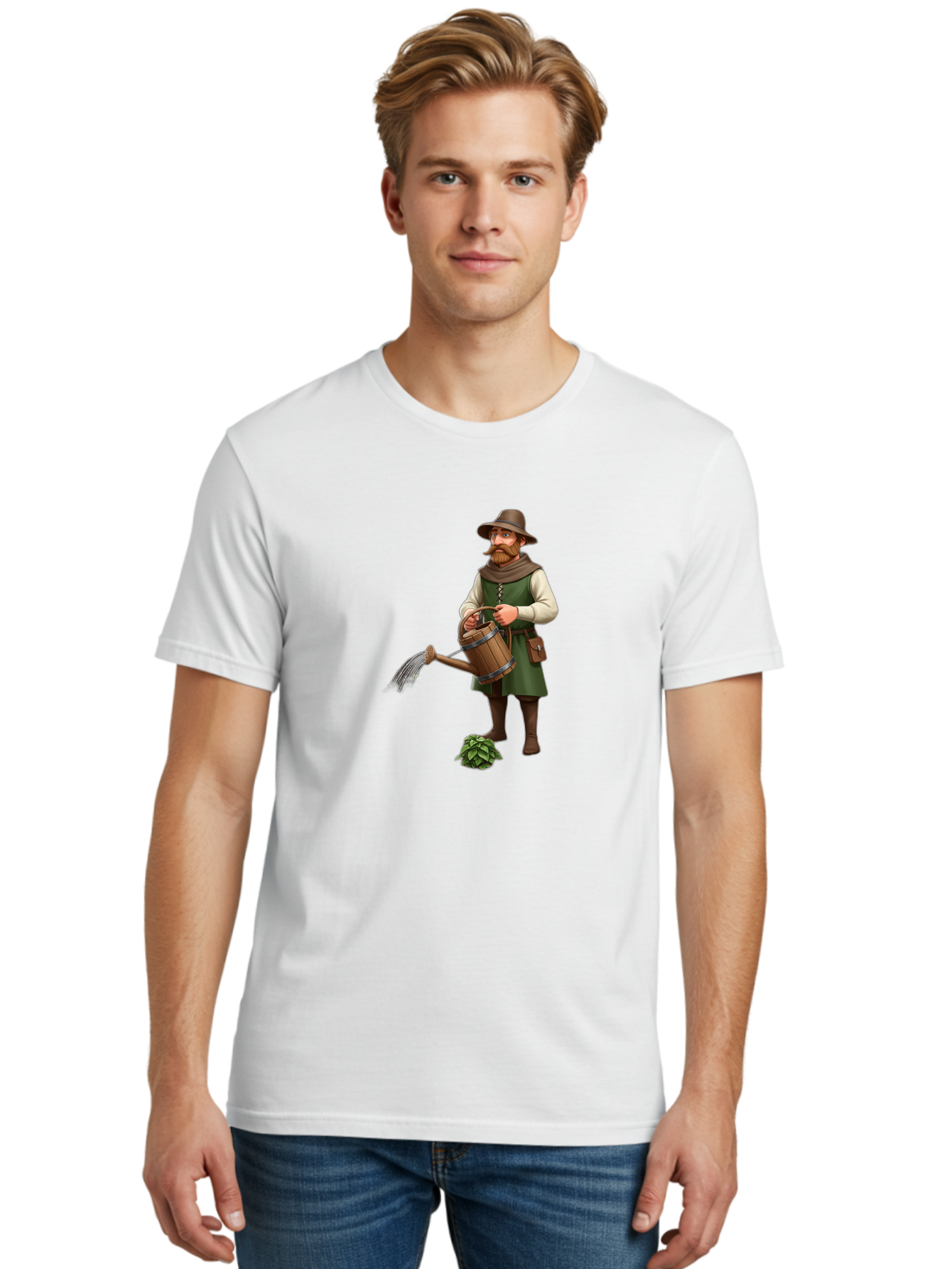 Farmer-Hops Men'S Graphic Tee, 100% Cotton, Comfortable Casual Summer Wear, Machine Washable, Cartoon Farmer, Gardening Tools, Watering Can, Rustic Clothing, Hat, Beard, Hop Plant, Agricultural Work, Manual Labor, Traditional Farming Baa655