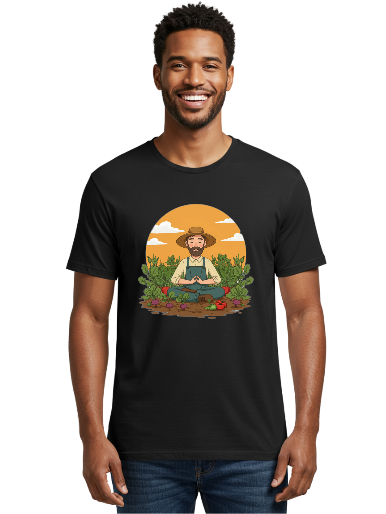 Farmer-Meditating Men'S Graphic Tee, 100% Cotton, Comfortable Casual Summer Wear, Machine Washable, Farmer Meditating In Garden, Peaceful Atmosphere, Gardening, Organic Farming, Healthy Lifestyle, Relaxation, Bearded Man, Lotus Position, Baa656