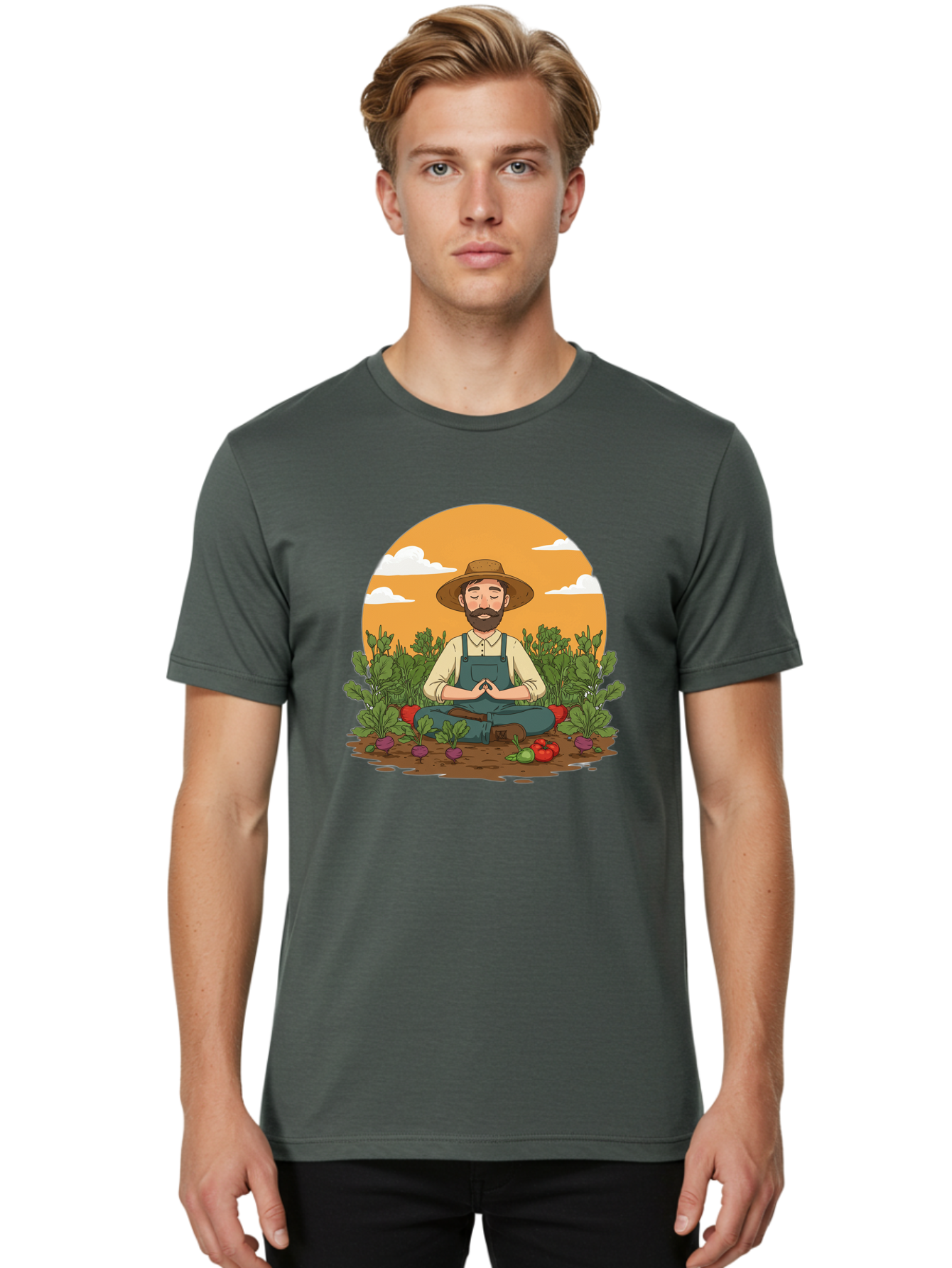 Farmer-Meditating Men'S Graphic Tee, 100% Cotton, Comfortable Casual Summer Wear, Machine Washable, Farmer Meditating In Garden, Peaceful Atmosphere, Gardening, Organic Farming, Healthy Lifestyle, Relaxation, Bearded Man, Lotus Position, Baa656