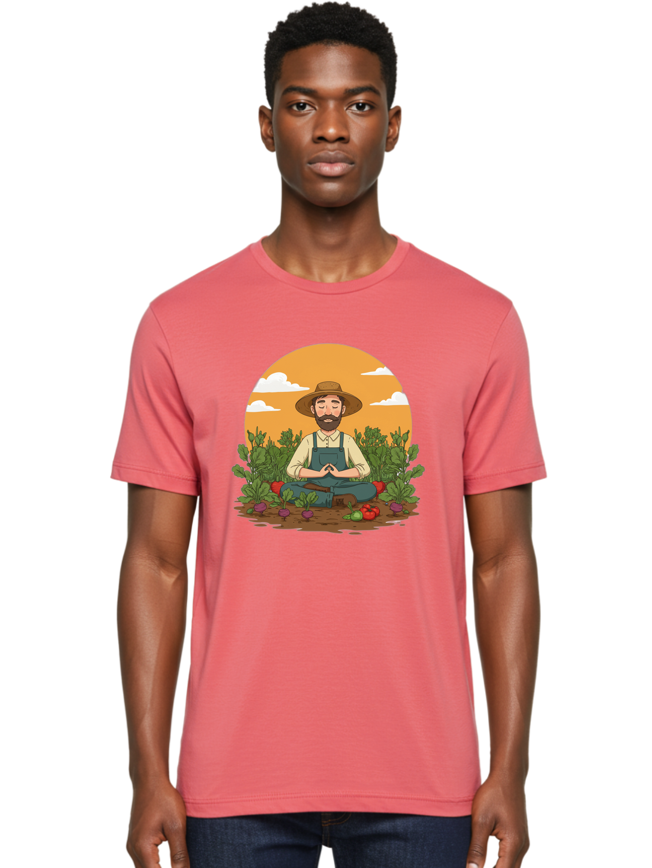 Farmer-Meditating Men'S Graphic Tee, 100% Cotton, Comfortable Casual Summer Wear, Machine Washable, Farmer Meditating In Garden, Peaceful Atmosphere, Gardening, Organic Farming, Healthy Lifestyle, Relaxation, Bearded Man, Lotus Position, Baa656