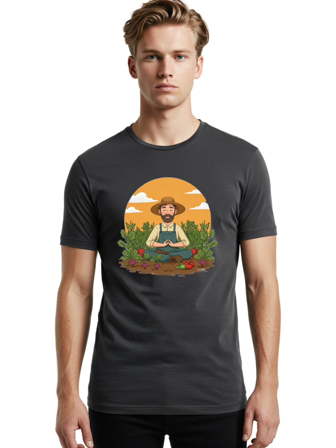 Farmer-Meditating Men'S Graphic Tee, 100% Cotton, Comfortable Casual Summer Wear, Machine Washable, Farmer Meditating In Garden, Peaceful Atmosphere, Gardening, Organic Farming, Healthy Lifestyle, Relaxation, Bearded Man, Lotus Position, Baa656