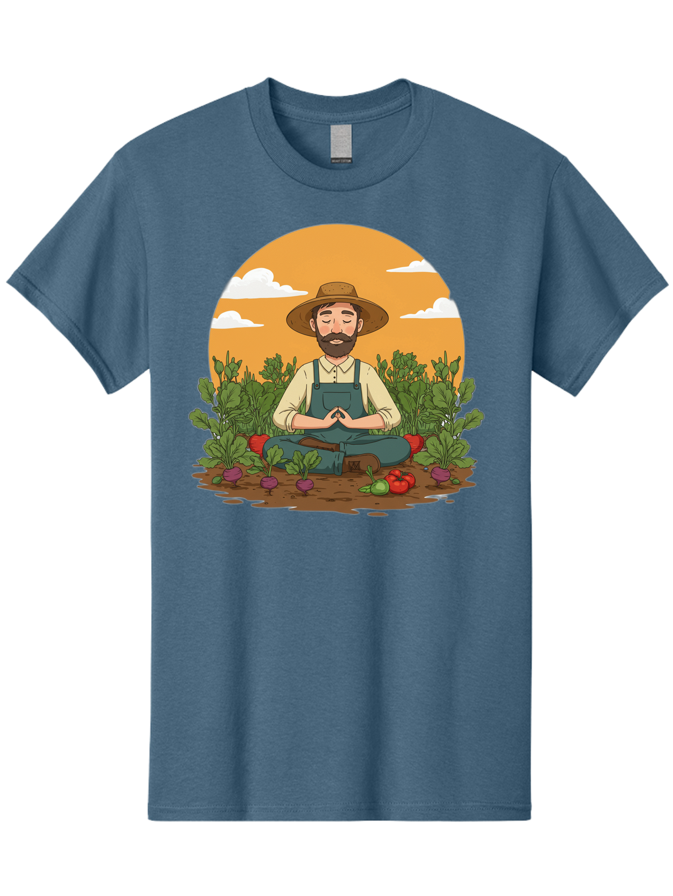 Farmer-Meditating Men'S Graphic Tee, 100% Cotton, Comfortable Casual Summer Wear, Machine Washable, Farmer Meditating In Garden, Peaceful Atmosphere, Gardening, Organic Farming, Healthy Lifestyle, Relaxation, Bearded Man, Lotus Position, Baa656
