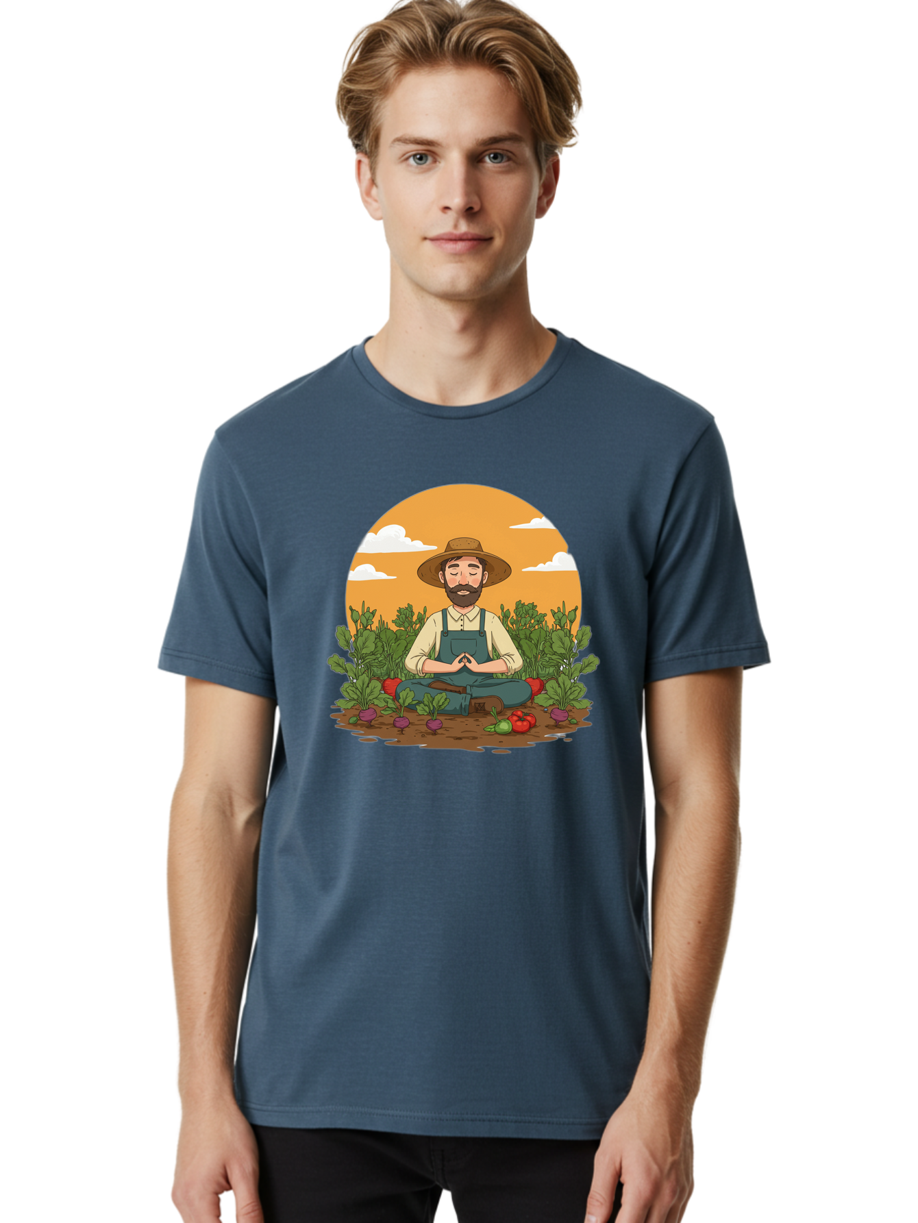 Farmer-Meditating Men'S Graphic Tee, 100% Cotton, Comfortable Casual Summer Wear, Machine Washable, Farmer Meditating In Garden, Peaceful Atmosphere, Gardening, Organic Farming, Healthy Lifestyle, Relaxation, Bearded Man, Lotus Position, Baa656