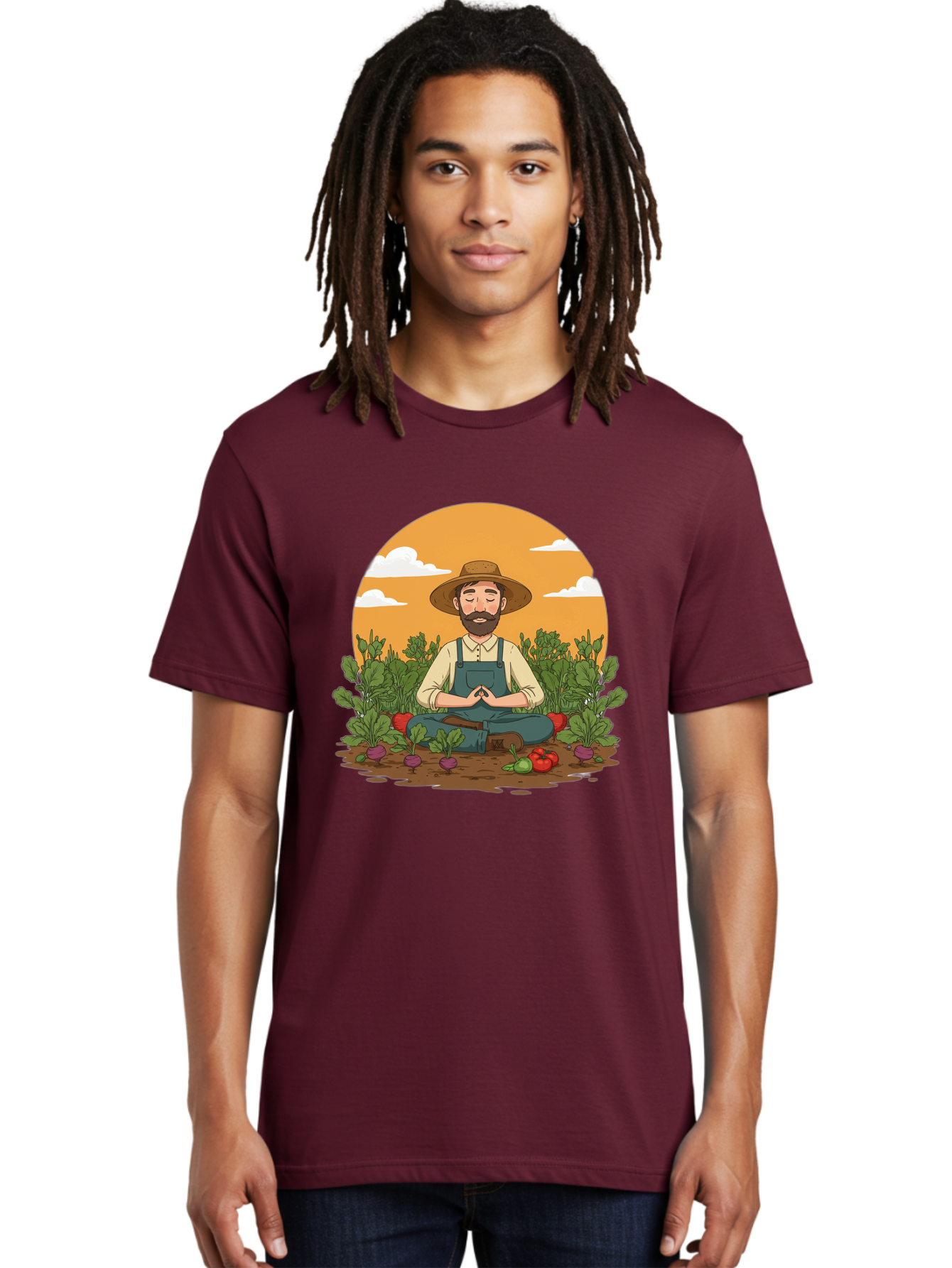Farmer-Meditating Men'S Graphic Tee, 100% Cotton, Comfortable Casual Summer Wear, Machine Washable, Farmer Meditating In Garden, Peaceful Atmosphere, Gardening, Organic Farming, Healthy Lifestyle, Relaxation, Bearded Man, Lotus Position, Baa656