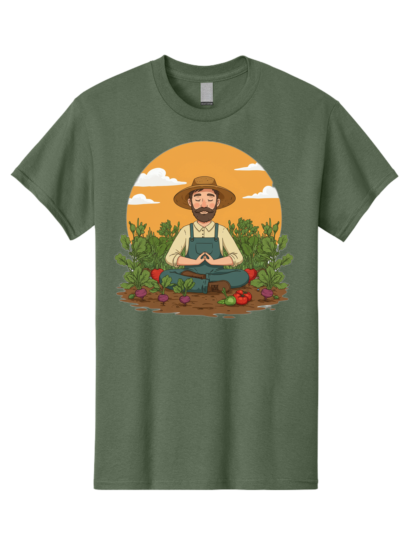 Farmer-Meditating Men'S Graphic Tee, 100% Cotton, Comfortable Casual Summer Wear, Machine Washable, Farmer Meditating In Garden, Peaceful Atmosphere, Gardening, Organic Farming, Healthy Lifestyle, Relaxation, Bearded Man, Lotus Position, Baa656