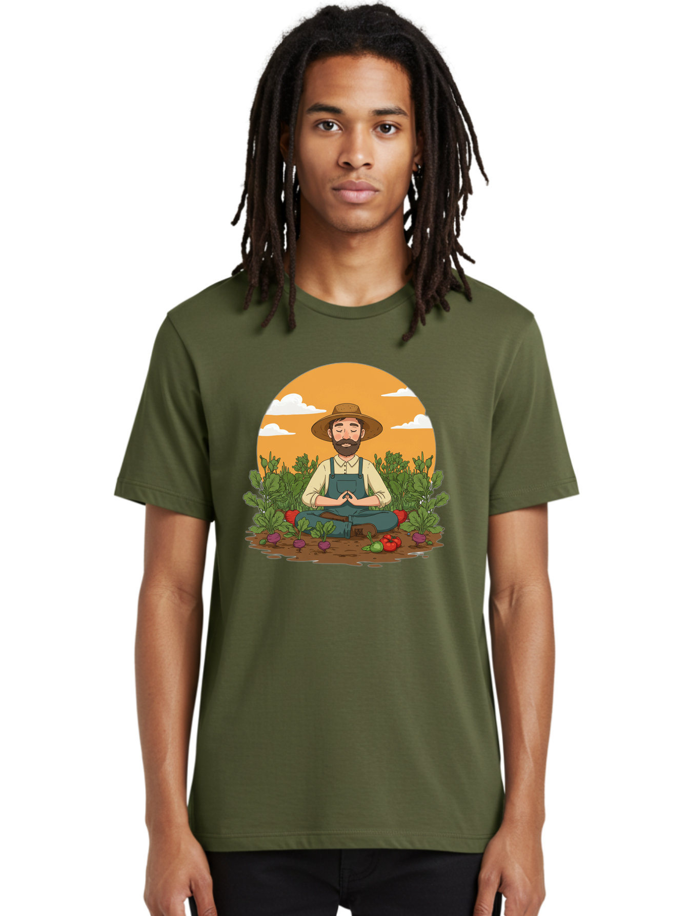 Farmer-Meditating Men'S Graphic Tee, 100% Cotton, Comfortable Casual Summer Wear, Machine Washable, Farmer Meditating In Garden, Peaceful Atmosphere, Gardening, Organic Farming, Healthy Lifestyle, Relaxation, Bearded Man, Lotus Position, Baa656