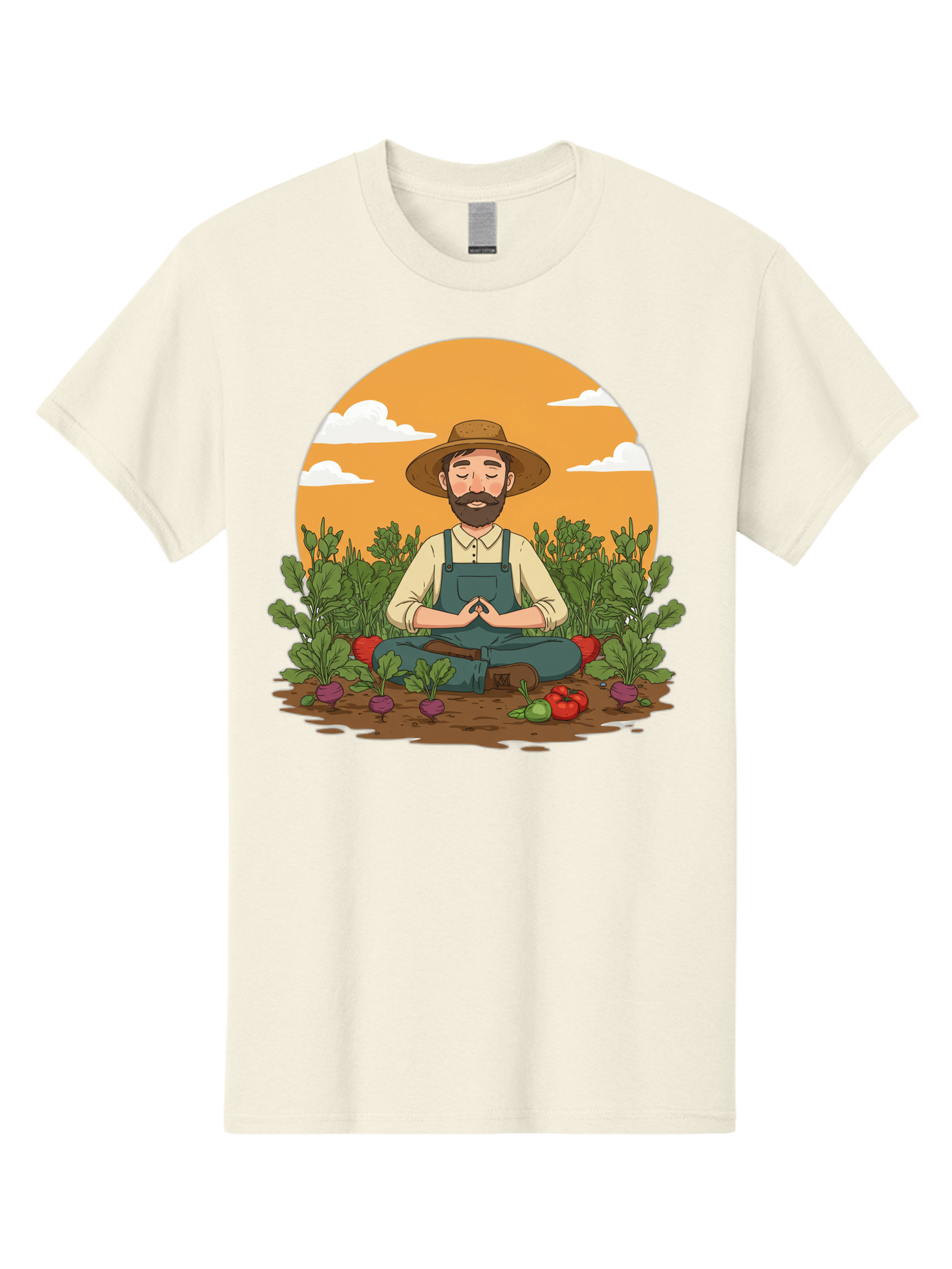 Farmer-Meditating Men'S Graphic Tee, 100% Cotton, Comfortable Casual Summer Wear, Machine Washable, Farmer Meditating In Garden, Peaceful Atmosphere, Gardening, Organic Farming, Healthy Lifestyle, Relaxation, Bearded Man, Lotus Position, Baa656
