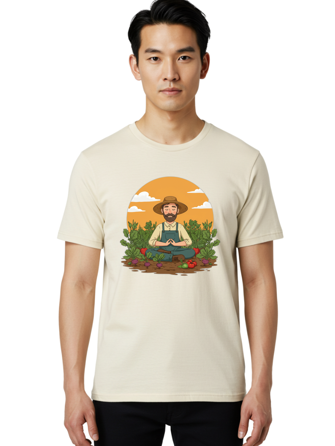 Farmer-Meditating Men'S Graphic Tee, 100% Cotton, Comfortable Casual Summer Wear, Machine Washable, Farmer Meditating In Garden, Peaceful Atmosphere, Gardening, Organic Farming, Healthy Lifestyle, Relaxation, Bearded Man, Lotus Position, Baa656