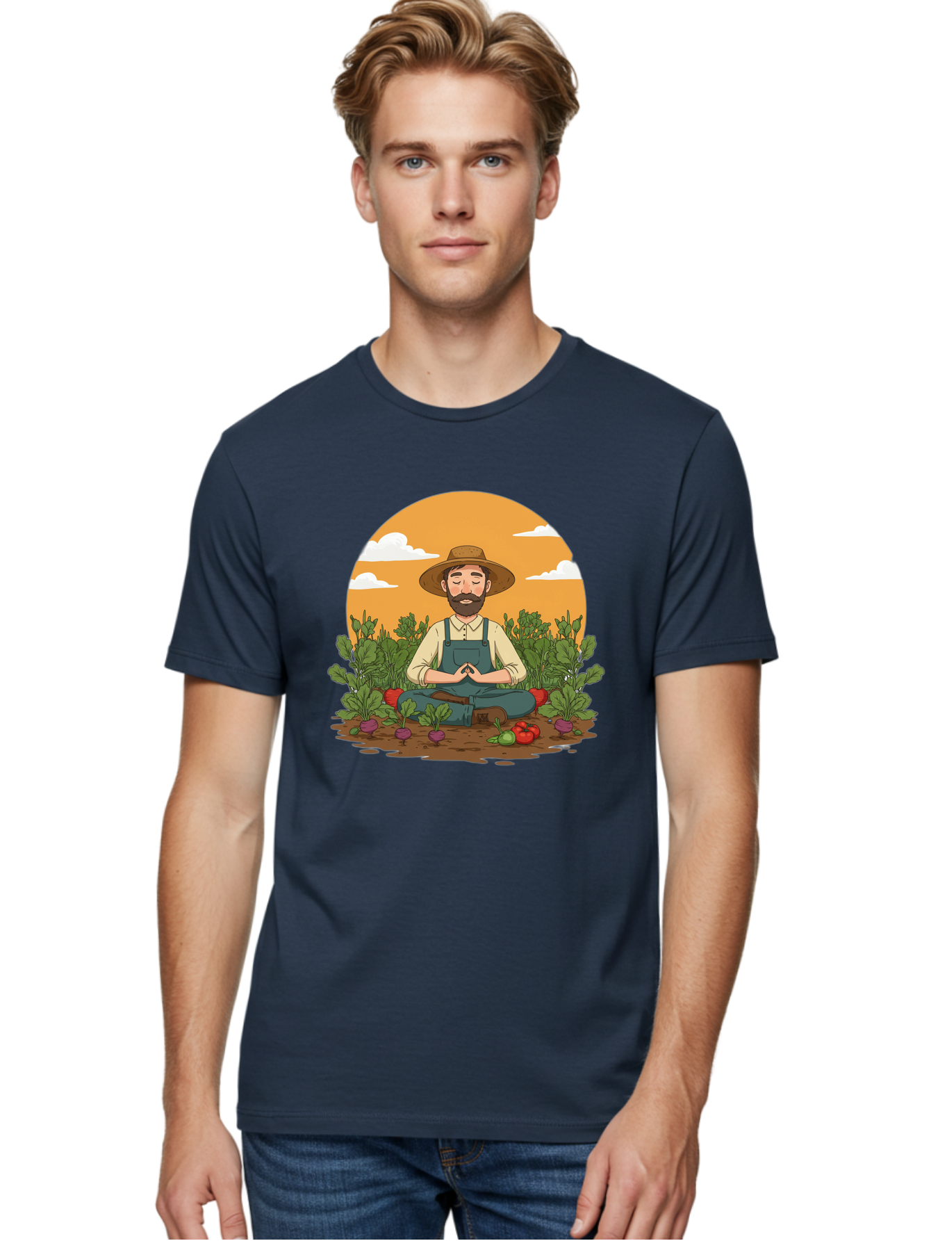 Farmer-Meditating Men'S Graphic Tee, 100% Cotton, Comfortable Casual Summer Wear, Machine Washable, Farmer Meditating In Garden, Peaceful Atmosphere, Gardening, Organic Farming, Healthy Lifestyle, Relaxation, Bearded Man, Lotus Position, Baa656