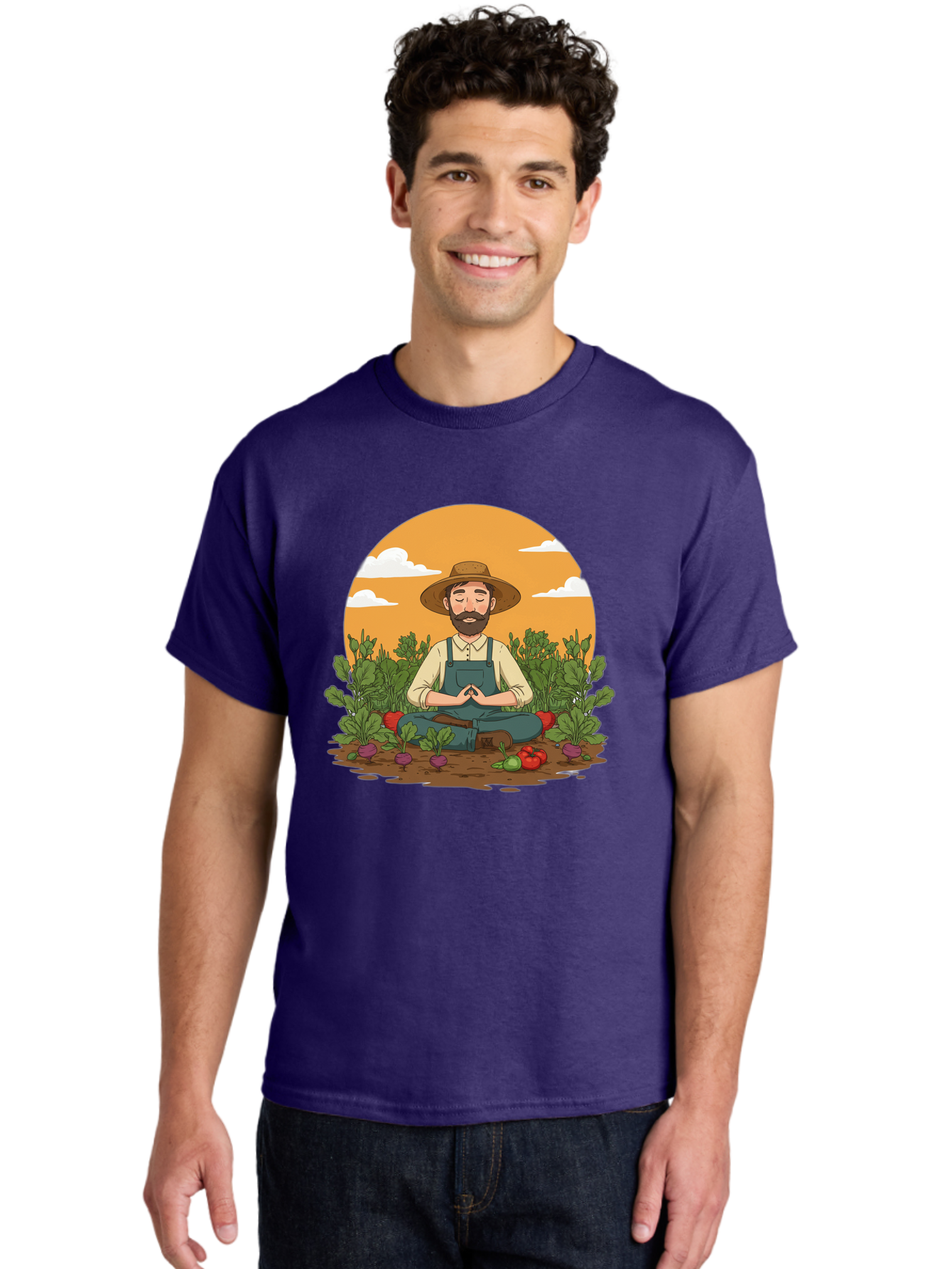 Farmer-Meditating Men'S Graphic Tee, 100% Cotton, Comfortable Casual Summer Wear, Machine Washable, Farmer Meditating In Garden, Peaceful Atmosphere, Gardening, Organic Farming, Healthy Lifestyle, Relaxation, Bearded Man, Lotus Position, Baa656