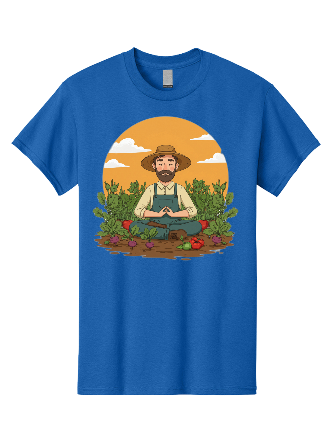 Farmer-Meditating Men'S Graphic Tee, 100% Cotton, Comfortable Casual Summer Wear, Machine Washable, Farmer Meditating In Garden, Peaceful Atmosphere, Gardening, Organic Farming, Healthy Lifestyle, Relaxation, Bearded Man, Lotus Position, Baa656