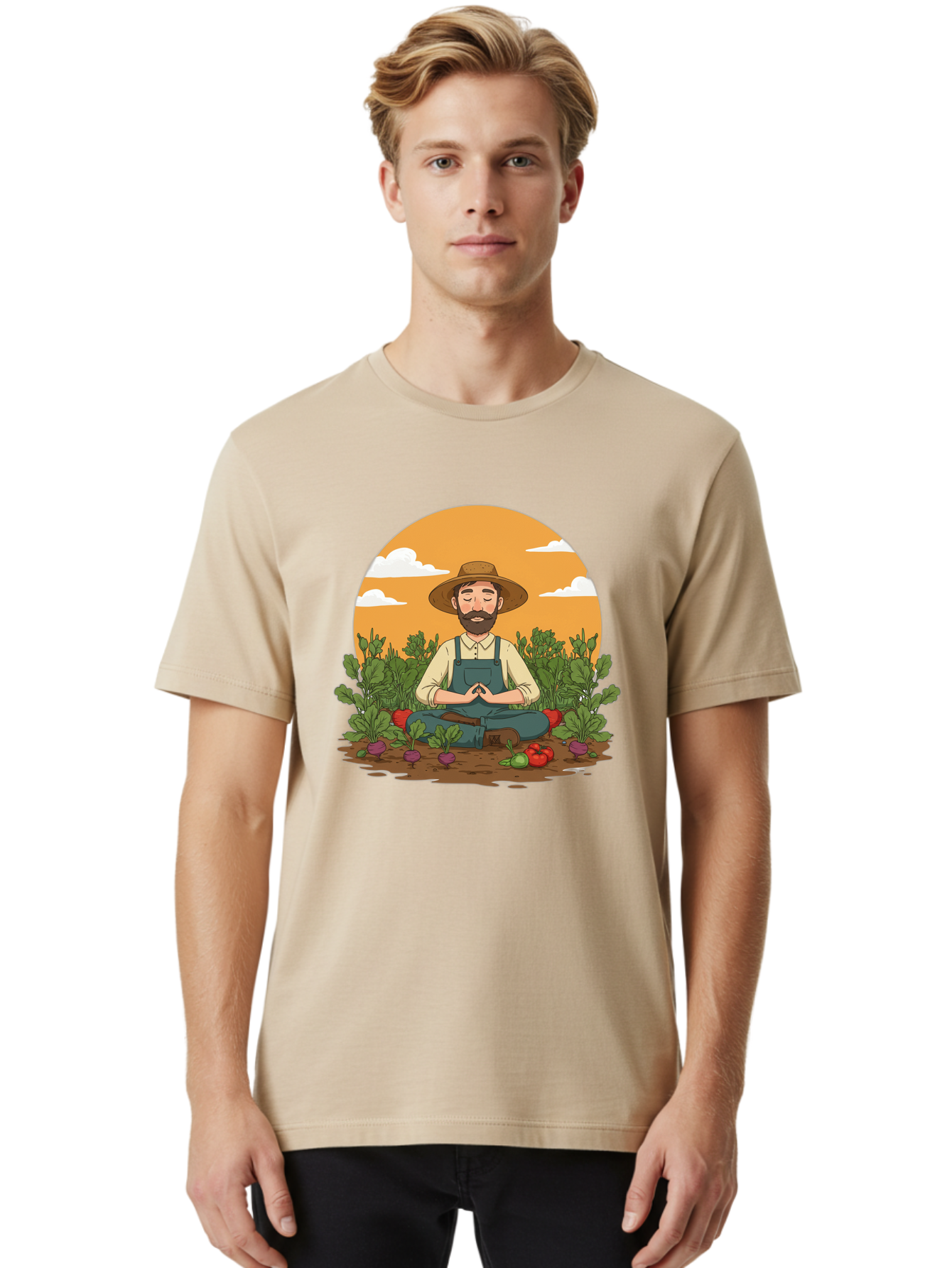 Farmer-Meditating Men'S Graphic Tee, 100% Cotton, Comfortable Casual Summer Wear, Machine Washable, Farmer Meditating In Garden, Peaceful Atmosphere, Gardening, Organic Farming, Healthy Lifestyle, Relaxation, Bearded Man, Lotus Position, Baa656