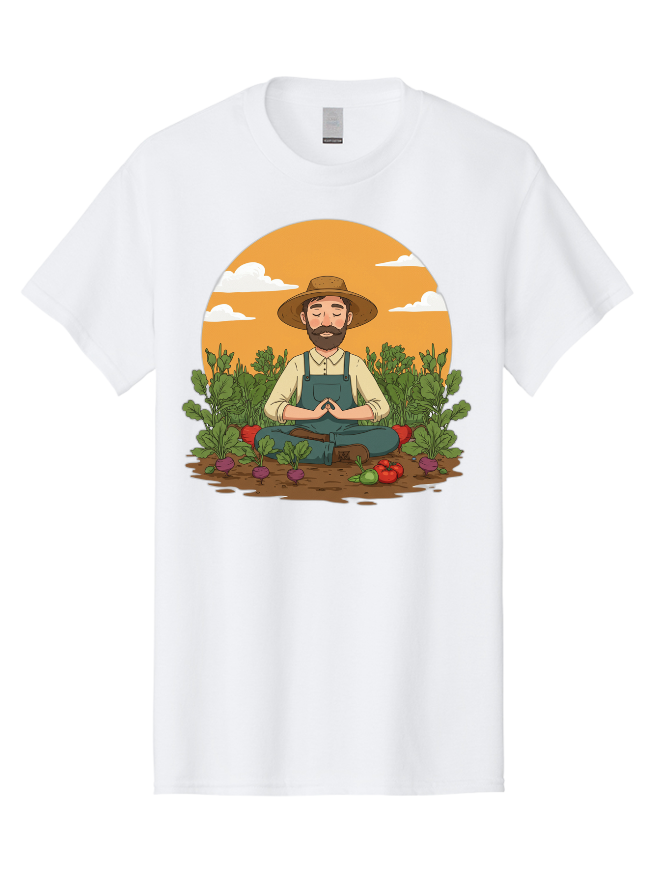 Farmer-Meditating Men'S Graphic Tee, 100% Cotton, Comfortable Casual Summer Wear, Machine Washable, Farmer Meditating In Garden, Peaceful Atmosphere, Gardening, Organic Farming, Healthy Lifestyle, Relaxation, Bearded Man, Lotus Position, Baa656