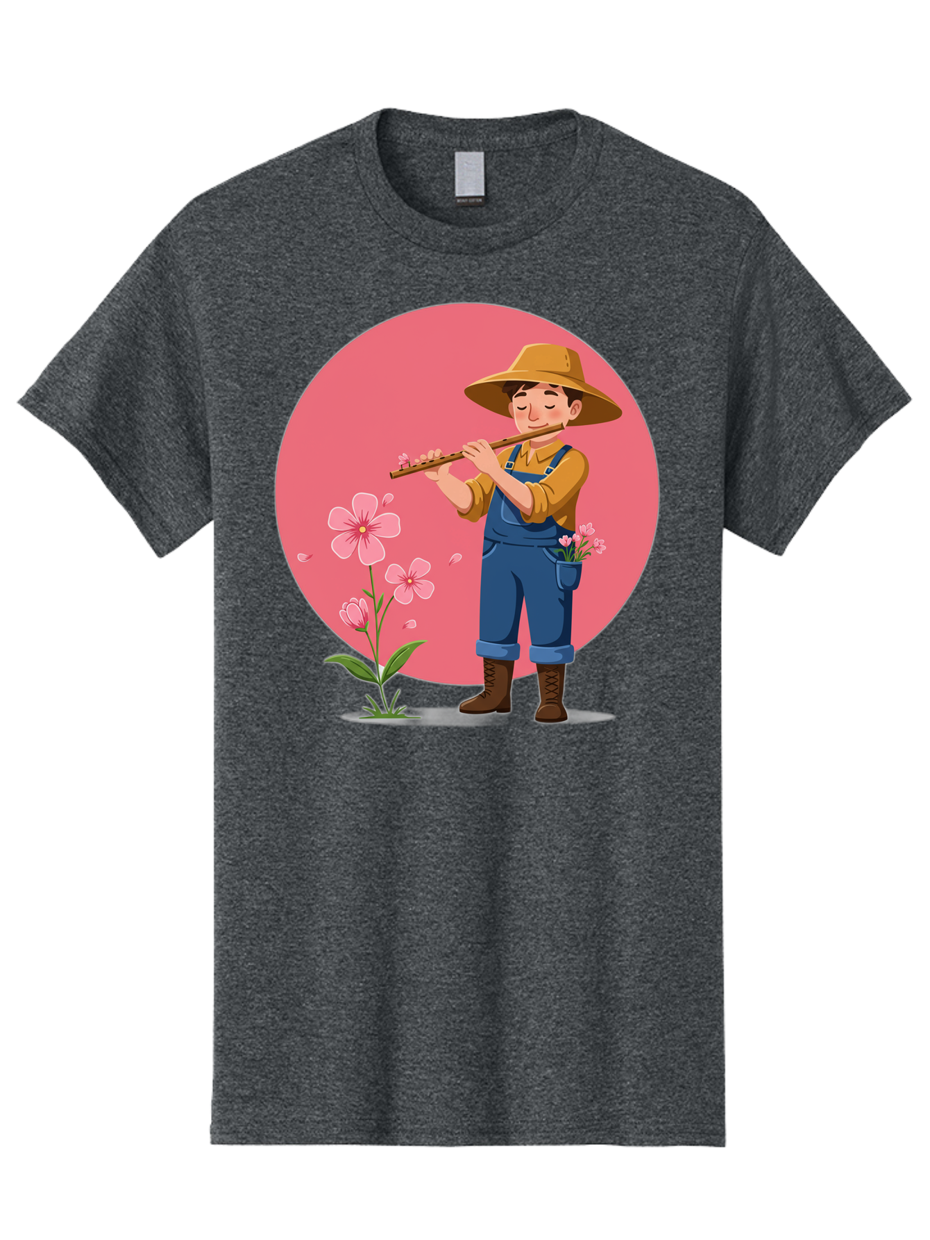Farmer-Playing-Flute Men'S Graphic Tee, 100% Cotton, Comfortable Casual Summer Wear, Machine Washable, Farmer Playing Flute, Pink Flowers, Cartoon Character, Blue Overalls, Yellow Hat, Serene Atmosphere, Rural Setting, Floral Theme, Baa657