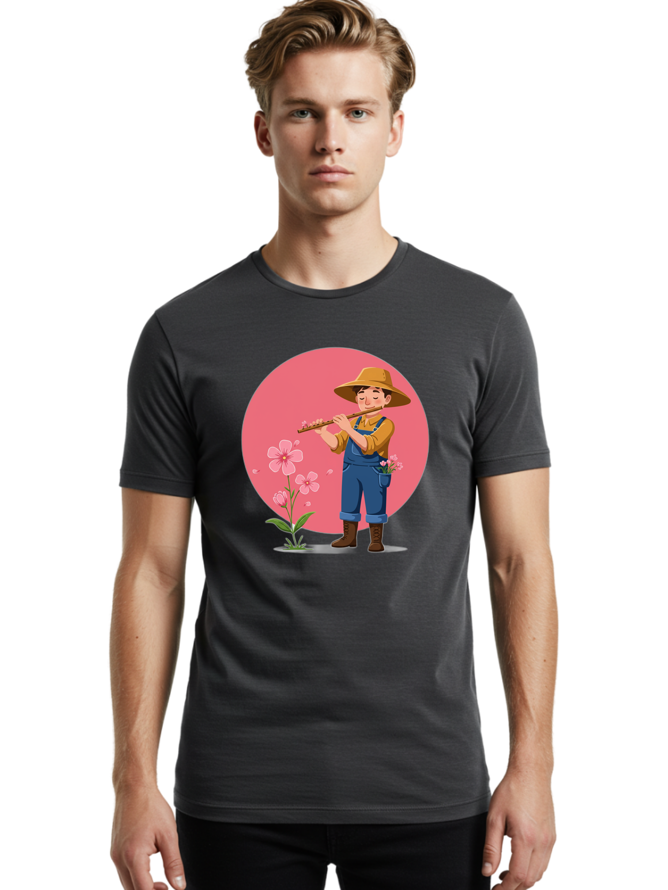 Farmer-Playing-Flute Men'S Graphic Tee, 100% Cotton, Comfortable Casual Summer Wear, Machine Washable, Farmer Playing Flute, Pink Flowers, Cartoon Character, Blue Overalls, Yellow Hat, Serene Atmosphere, Rural Setting, Floral Theme, Baa657