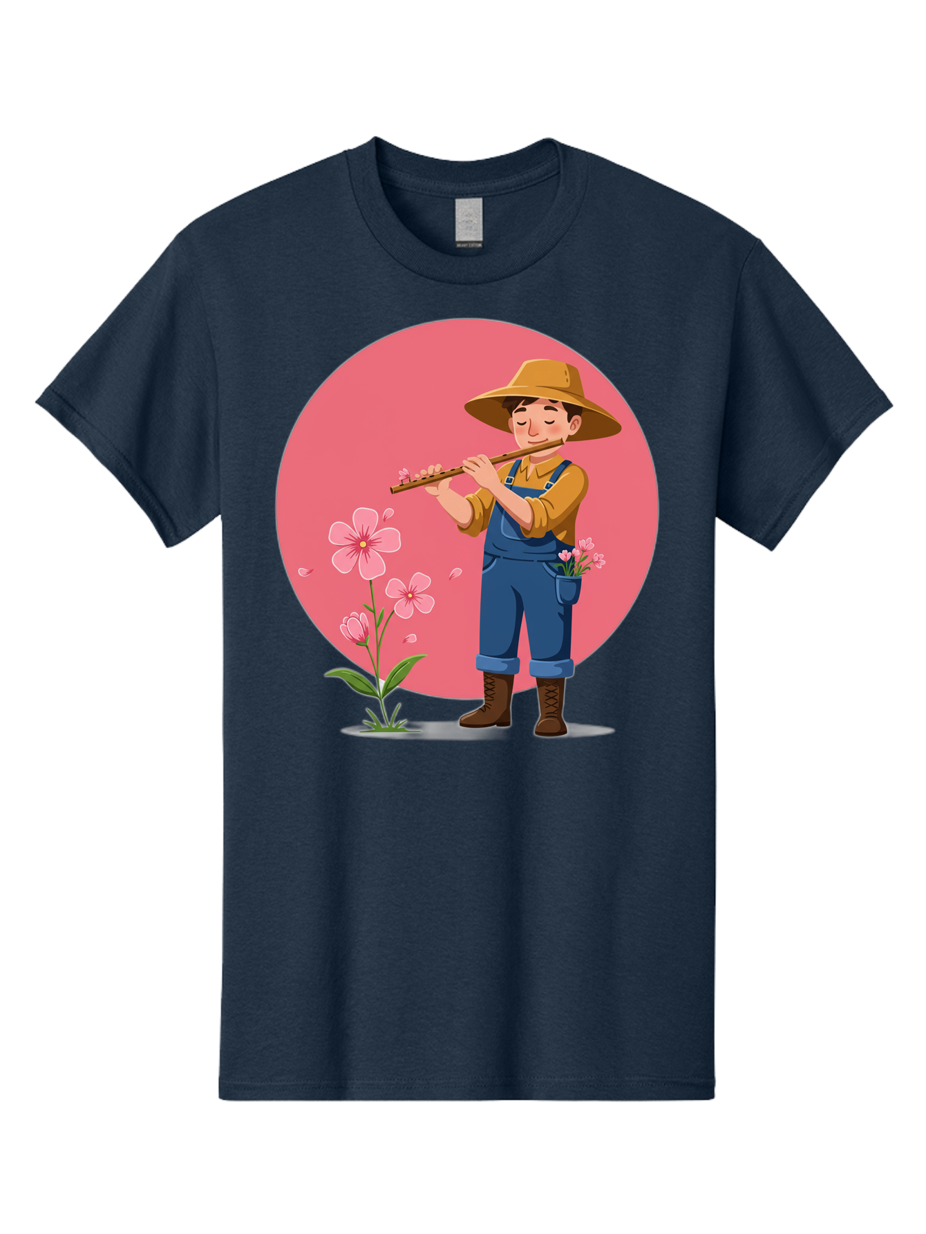 Farmer-Playing-Flute Men'S Graphic Tee, 100% Cotton, Comfortable Casual Summer Wear, Machine Washable, Farmer Playing Flute, Pink Flowers, Cartoon Character, Blue Overalls, Yellow Hat, Serene Atmosphere, Rural Setting, Floral Theme, Baa657