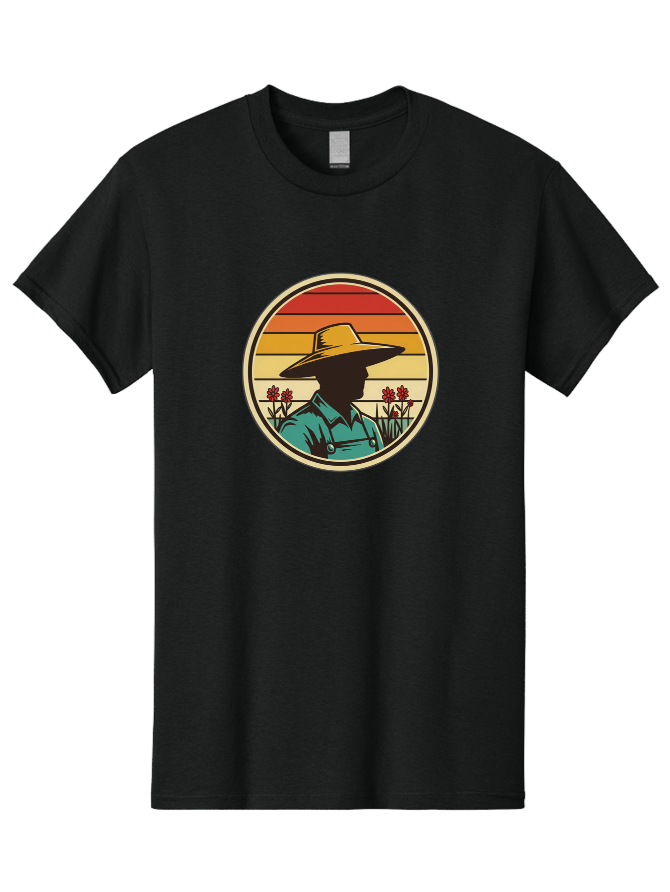 Farmer-Silhouette Men'S Graphic Tee, 100% Cotton, Comfortable Casual Summer Wear, Machine Washable, Farmer Silhouette, Vintage Style, Agricultural Theme, Retro Colors, Wide-Brimmed Hat, Collared Shirt, Flowers In Field, Warm Colors, Baa658