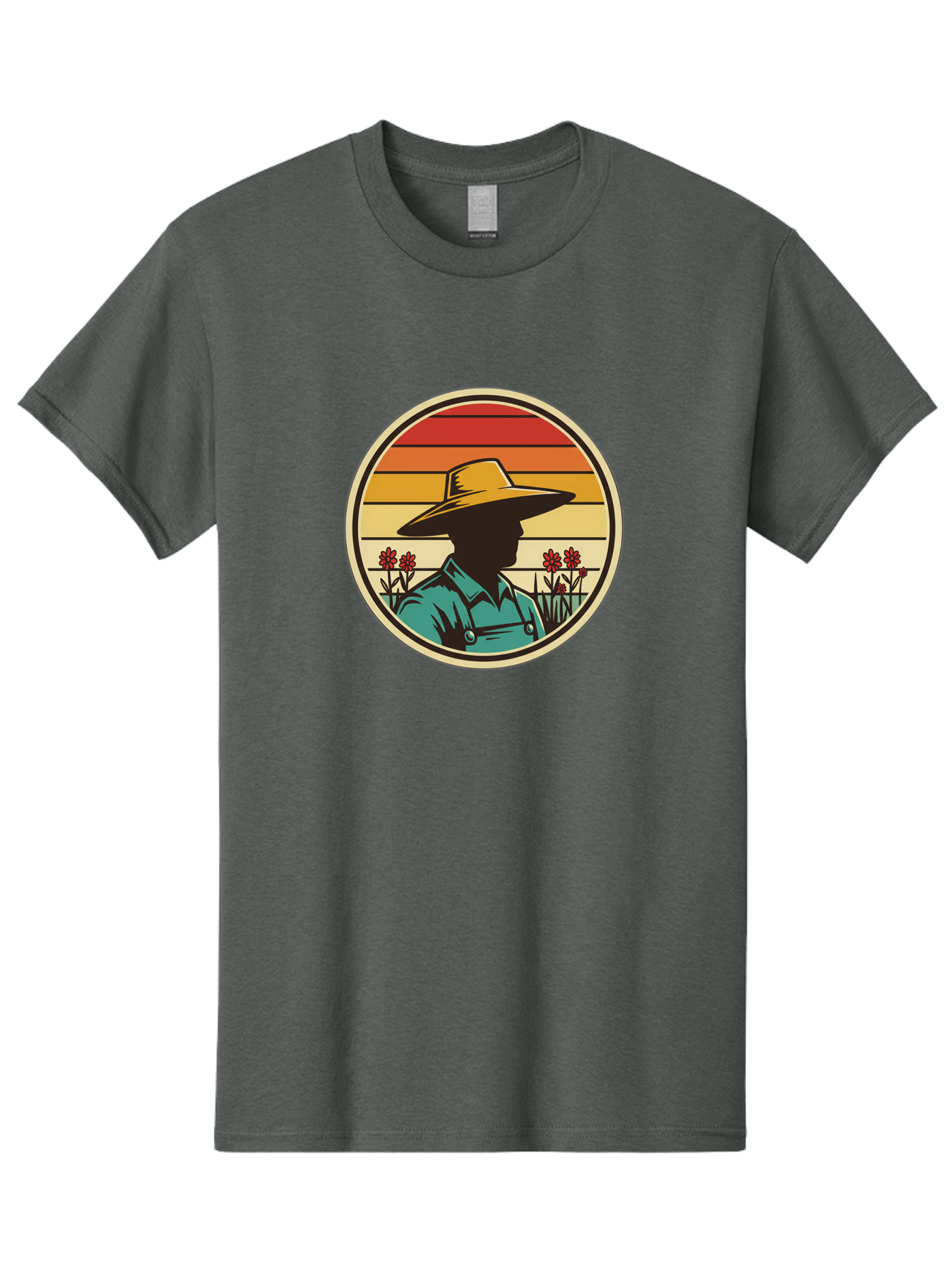 Farmer-Silhouette Men'S Graphic Tee, 100% Cotton, Comfortable Casual Summer Wear, Machine Washable, Farmer Silhouette, Vintage Style, Agricultural Theme, Retro Colors, Wide-Brimmed Hat, Collared Shirt, Flowers In Field, Warm Colors, Baa658