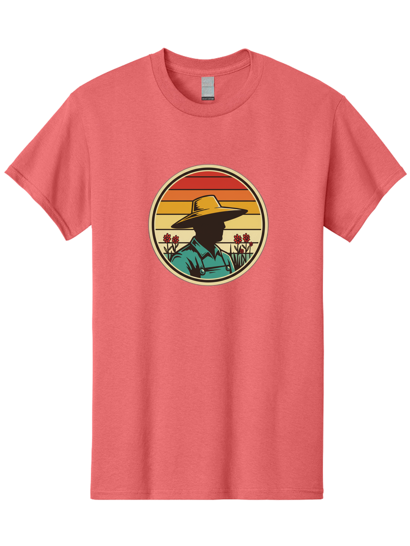 Farmer-Silhouette Men'S Graphic Tee, 100% Cotton, Comfortable Casual Summer Wear, Machine Washable, Farmer Silhouette, Vintage Style, Agricultural Theme, Retro Colors, Wide-Brimmed Hat, Collared Shirt, Flowers In Field, Warm Colors, Baa658