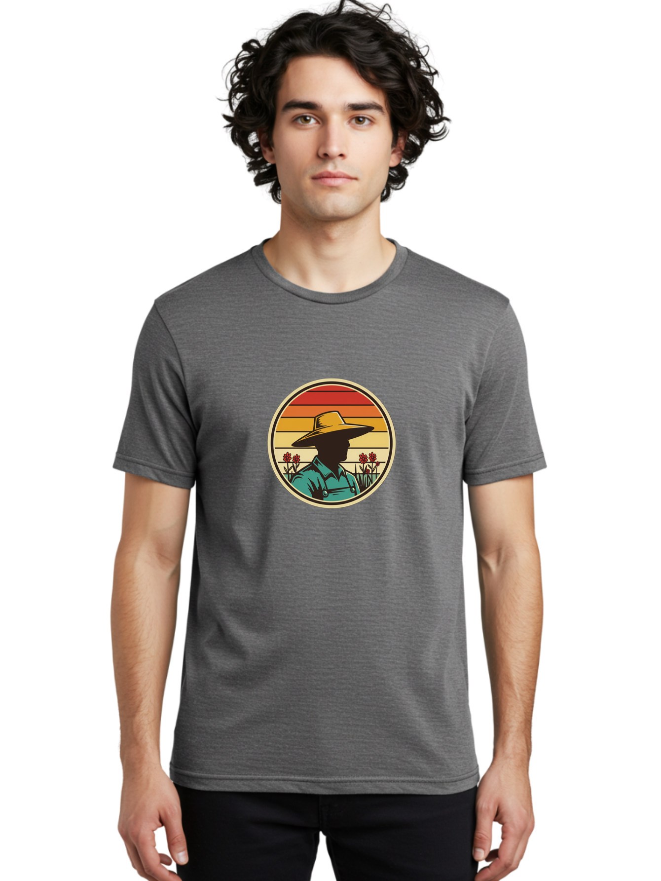 Farmer-Silhouette Men'S Graphic Tee, 100% Cotton, Comfortable Casual Summer Wear, Machine Washable, Farmer Silhouette, Vintage Style, Agricultural Theme, Retro Colors, Wide-Brimmed Hat, Collared Shirt, Flowers In Field, Warm Colors, Baa658