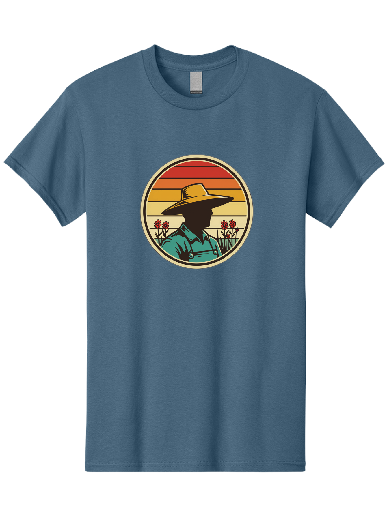 Farmer-Silhouette Men'S Graphic Tee, 100% Cotton, Comfortable Casual Summer Wear, Machine Washable, Farmer Silhouette, Vintage Style, Agricultural Theme, Retro Colors, Wide-Brimmed Hat, Collared Shirt, Flowers In Field, Warm Colors, Baa658