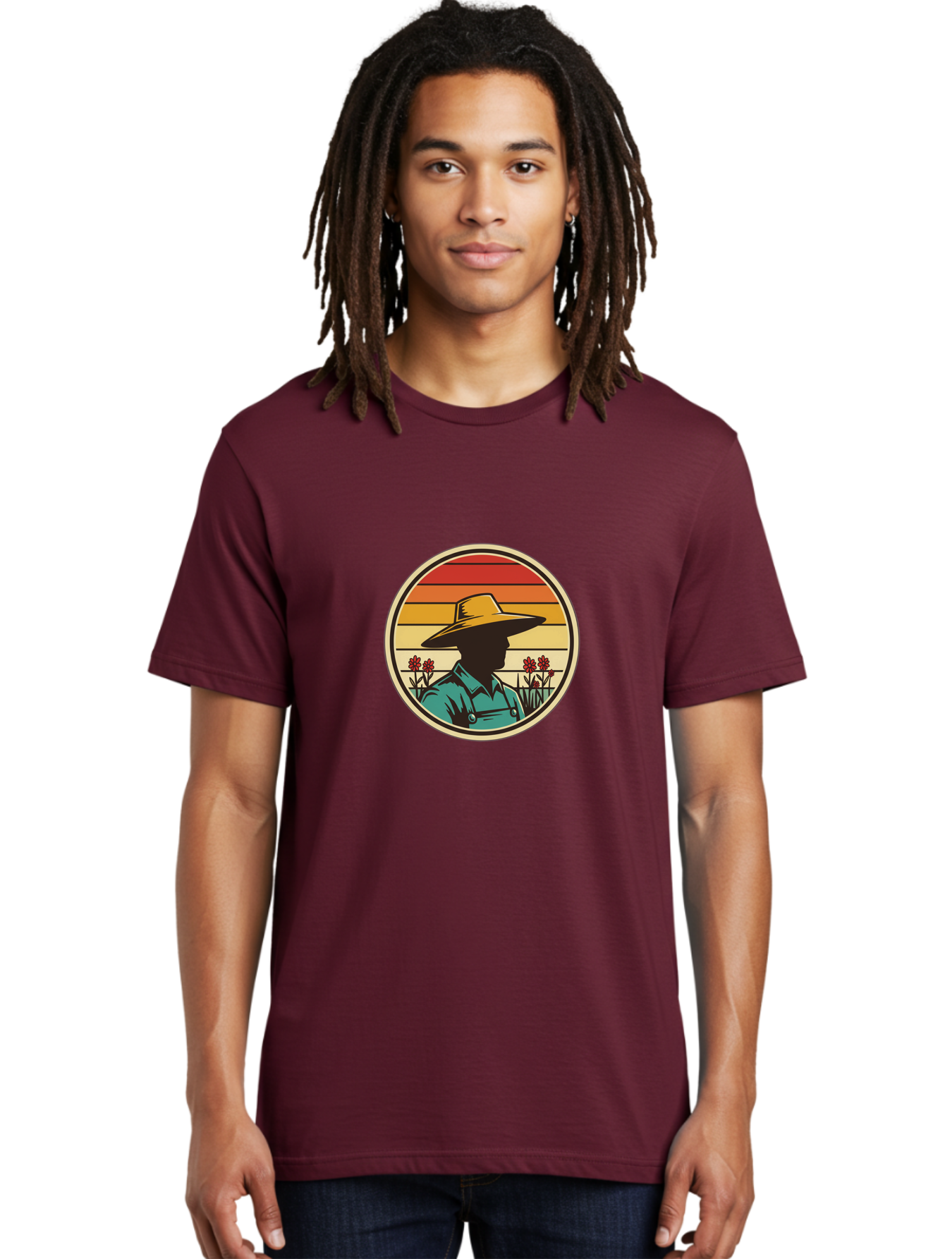 Farmer-Silhouette Men'S Graphic Tee, 100% Cotton, Comfortable Casual Summer Wear, Machine Washable, Farmer Silhouette, Vintage Style, Agricultural Theme, Retro Colors, Wide-Brimmed Hat, Collared Shirt, Flowers In Field, Warm Colors, Baa658